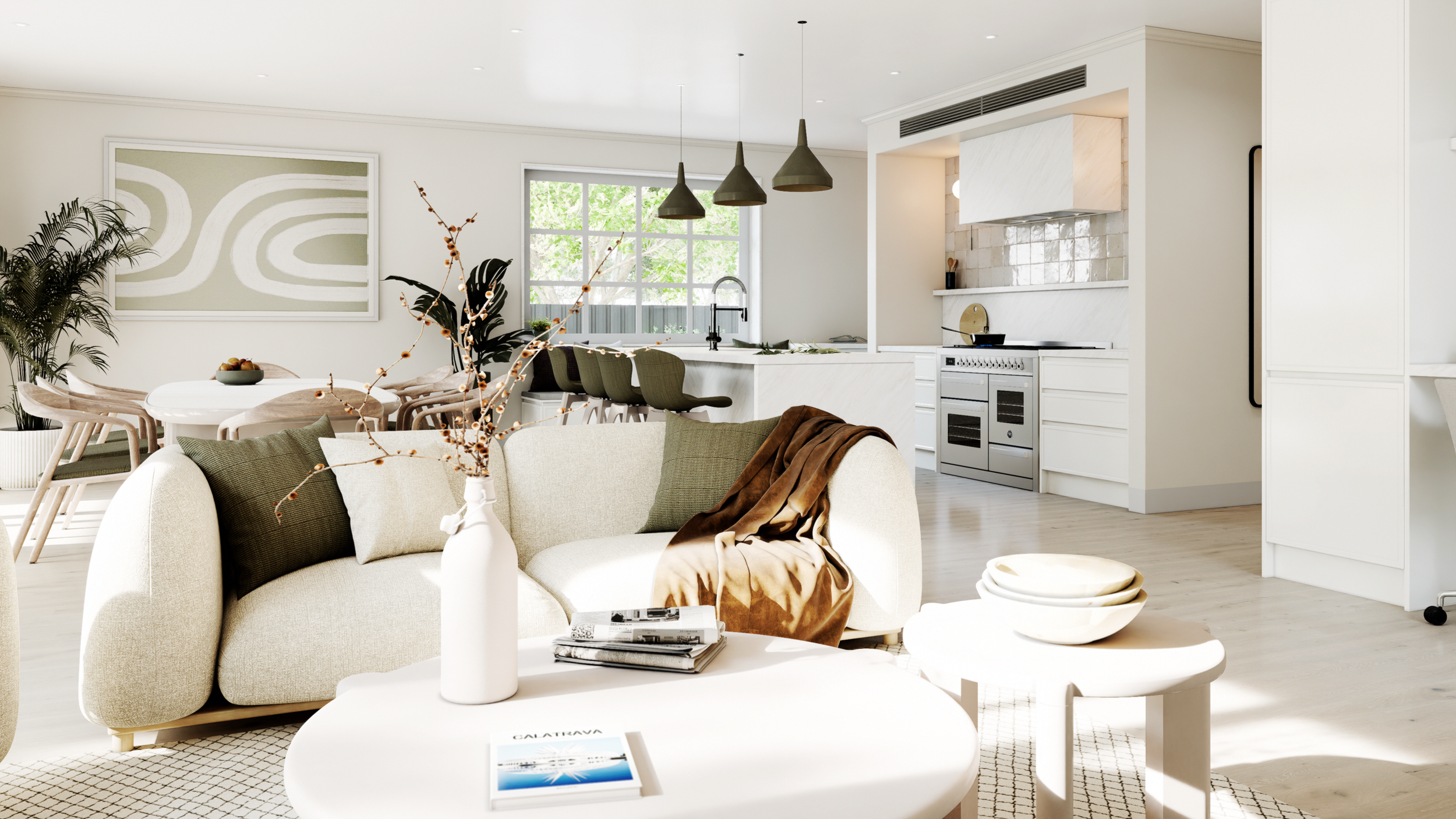 Photorealistic living room render with coffee table styling and greenery, Adelaide interior, rendered by Sinan Designs