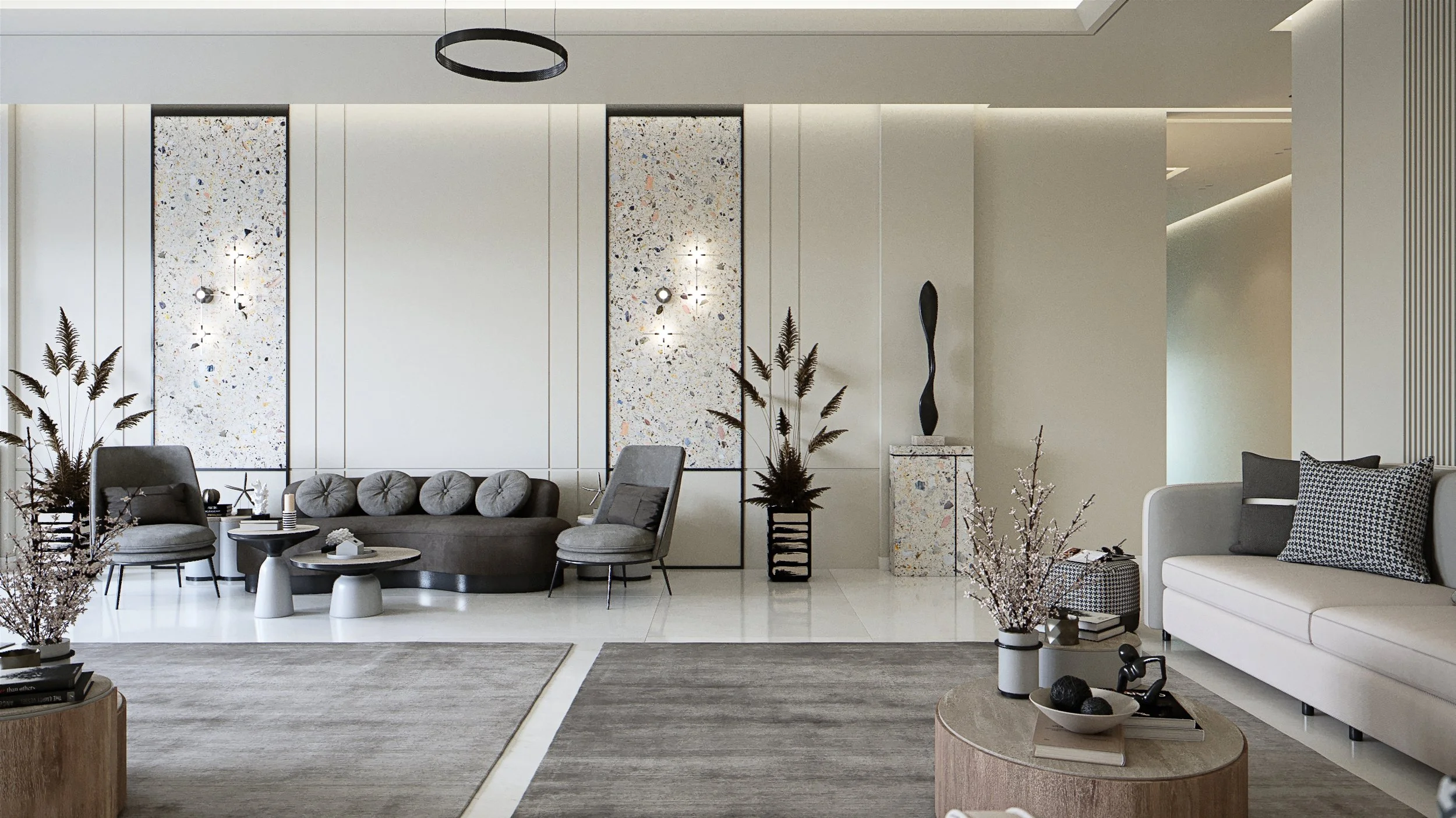 Secondary seating zone with curved charcoal sofa and terrazzo wall panels, luxury interior render Dubai