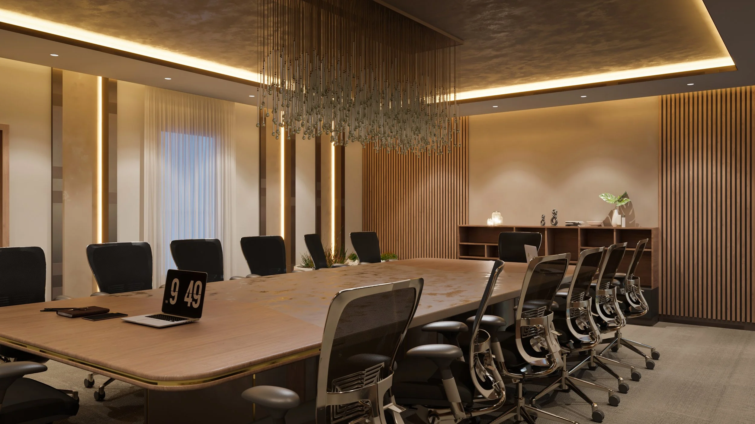 Boardroom interior render showing seating arrangement and ambient lighting detail. Rendered by Sinan Designs.