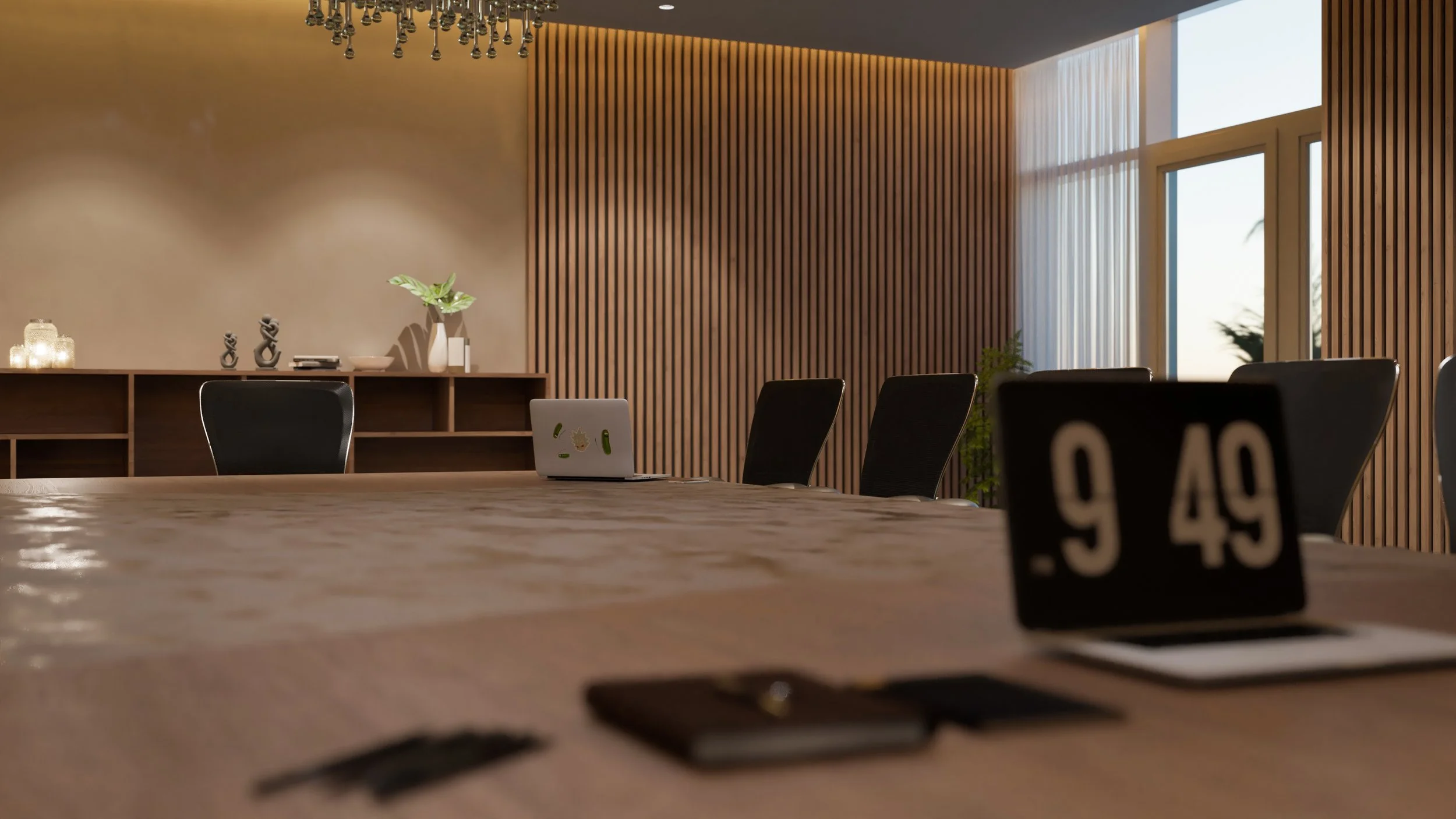Photorealistic boardroom interior visualisation for Elite Group, wide angle showing table, lighting, and material palette. Rendered by Sinan Designs.