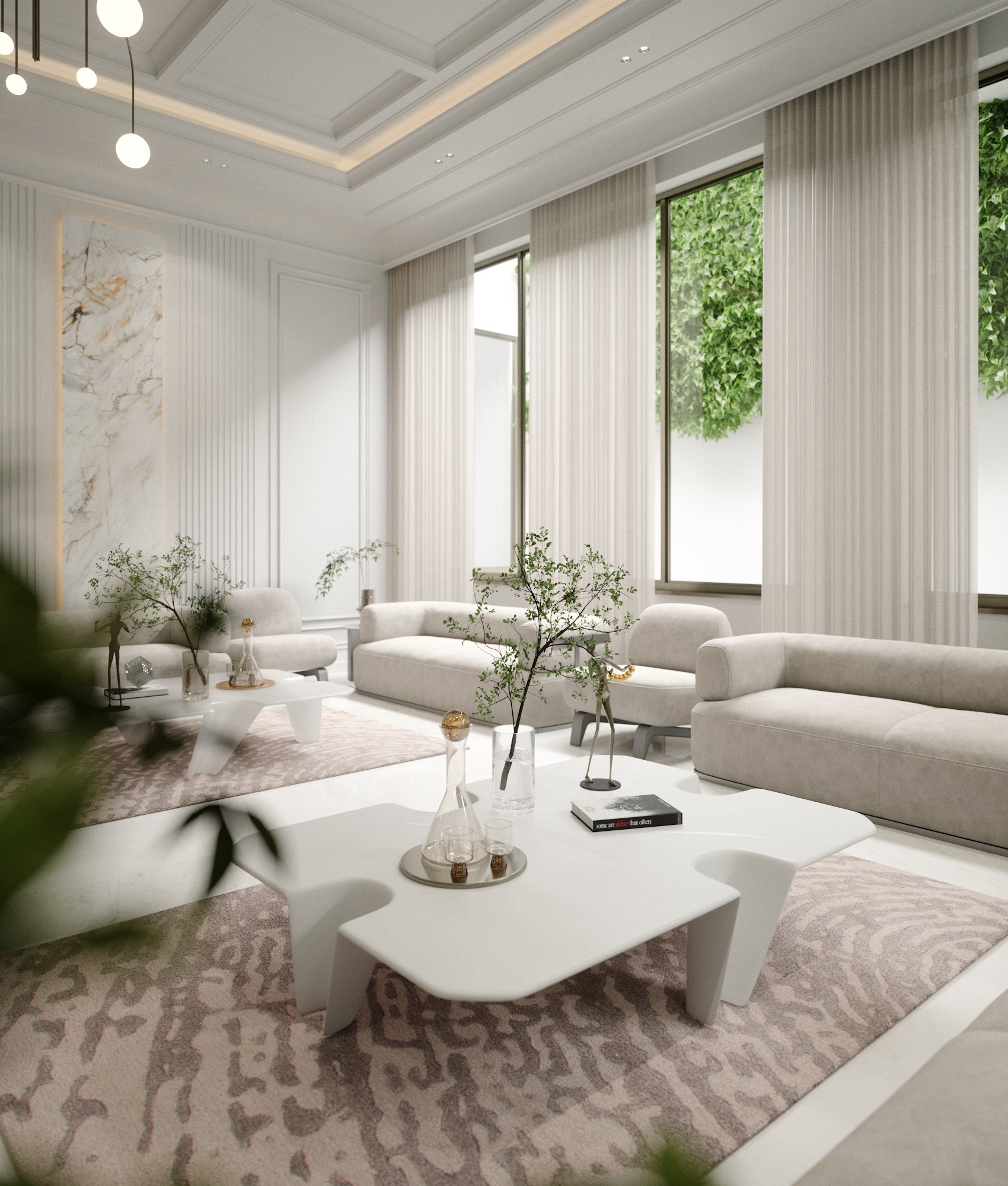 3D render of a modern living room with white sofas, large windows with white curtains, and a white coffee table with decorative items, plants, and a book. Light-colored walls and ceiling with recessed lighting and hanging pendant lights.