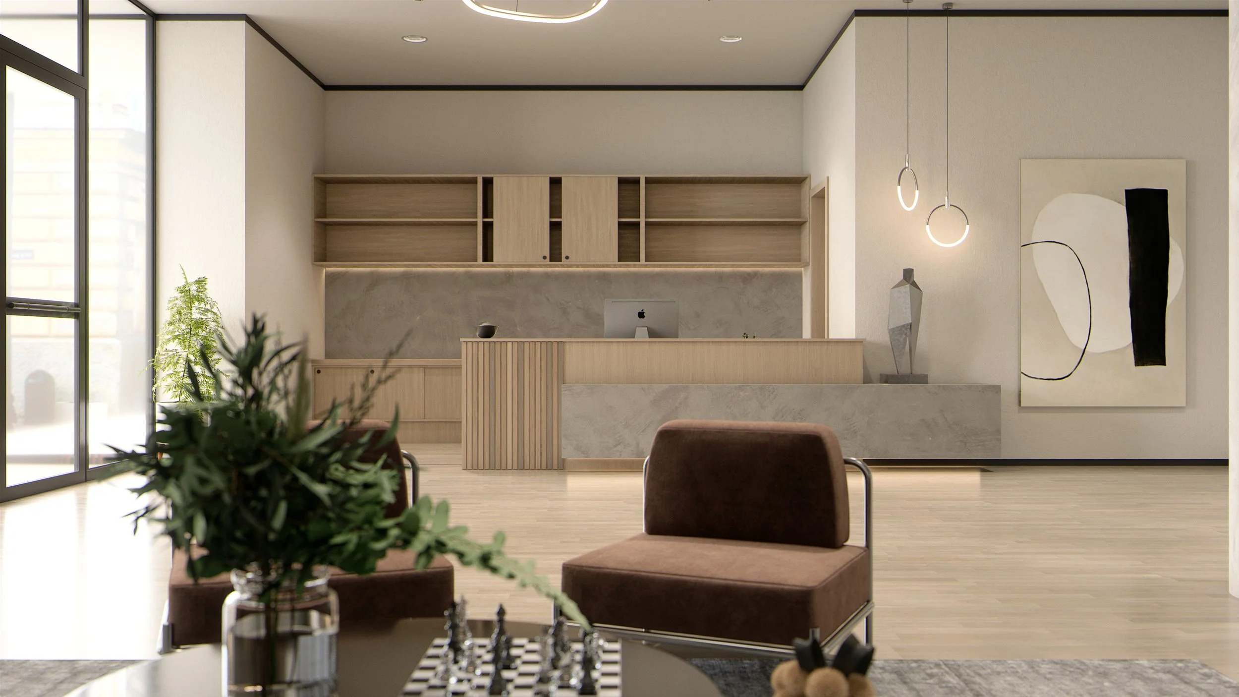 Photorealistic interior render showing seating area details within a renovated heritage hotel lobby