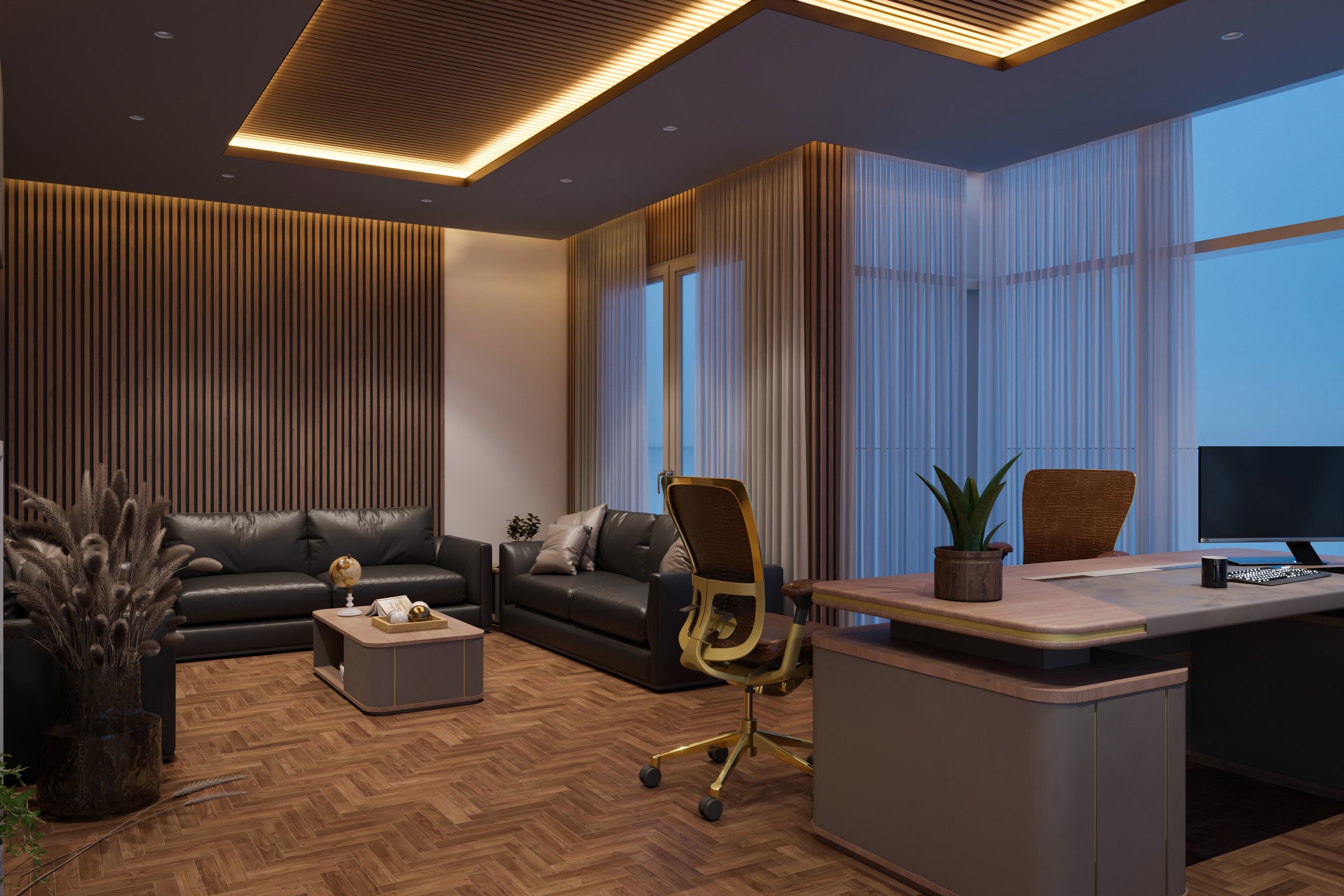 Executive office interior render showing material detail and spatial layout. Rendered by Sinan Designs.