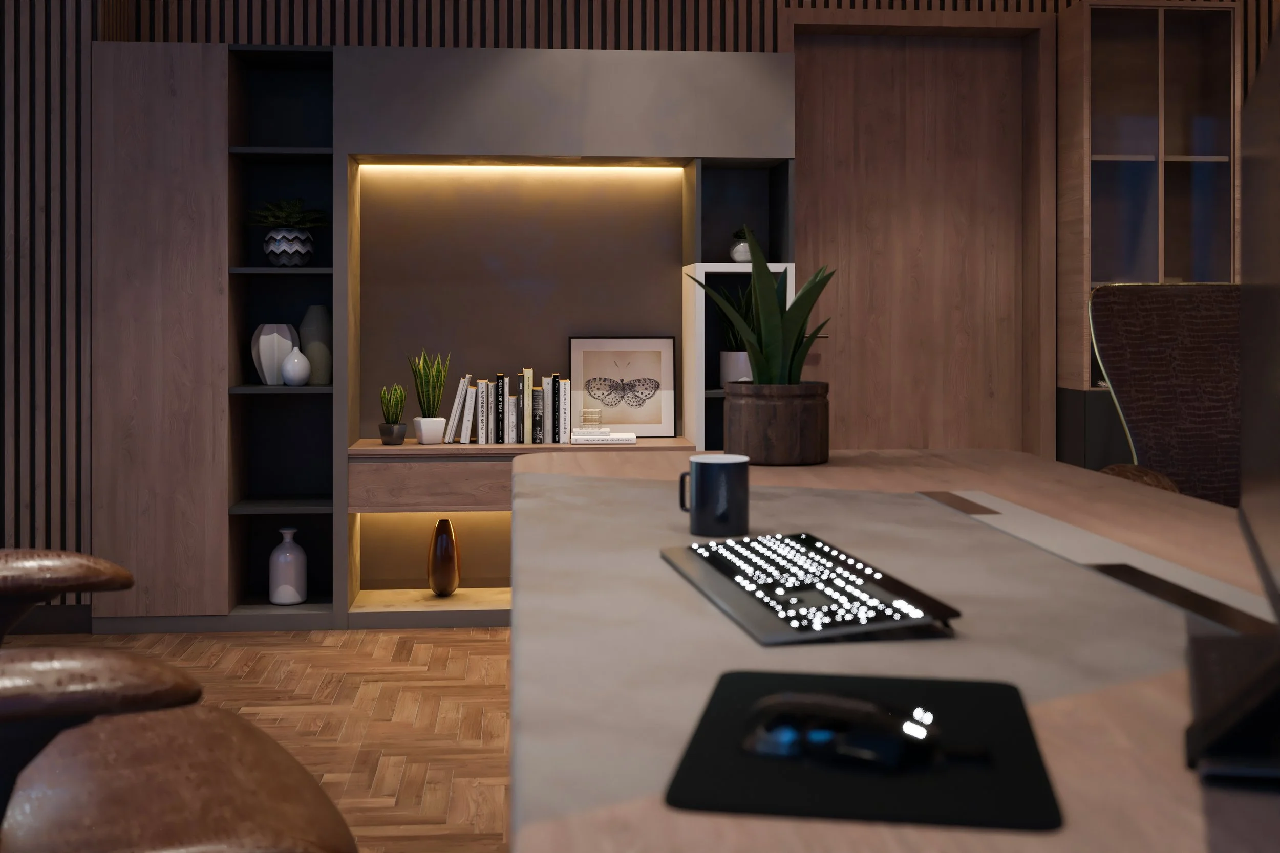 Executive office interior render showing material detail and spatial layout. Rendered by Sinan Designs.