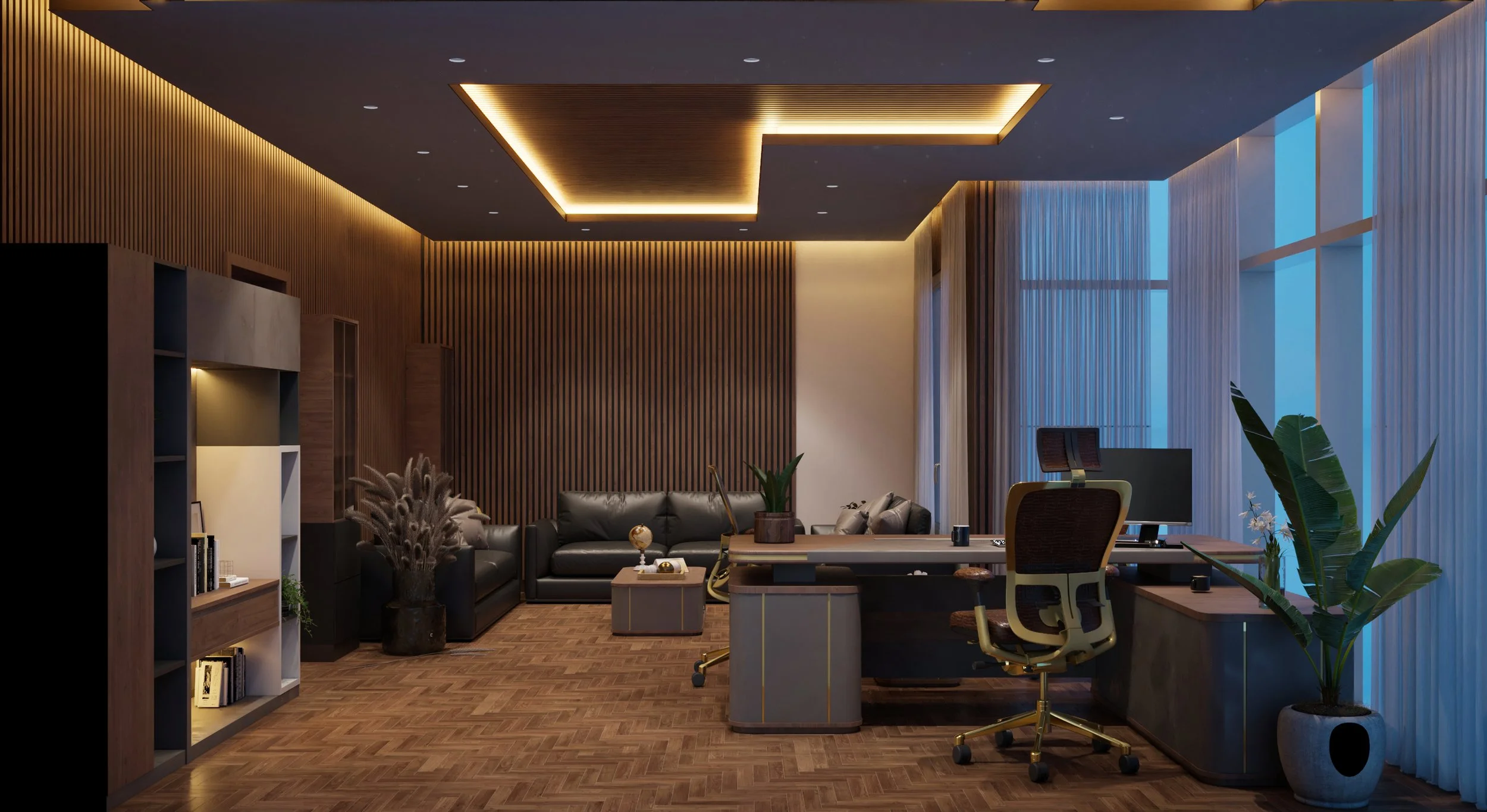 Photorealistic executive office visualisation for Elite Group, showing joinery, lighting, and material composition. Rendered by Sinan Designs.