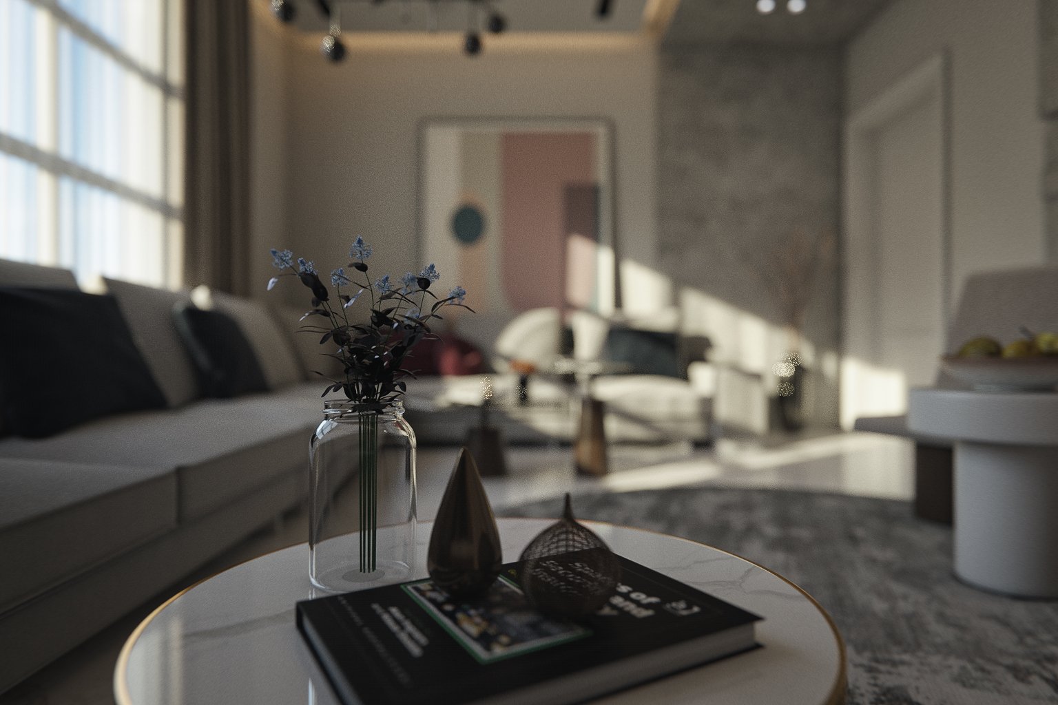Interior render showing lounge chairs and side table within a softly lit daytime living room