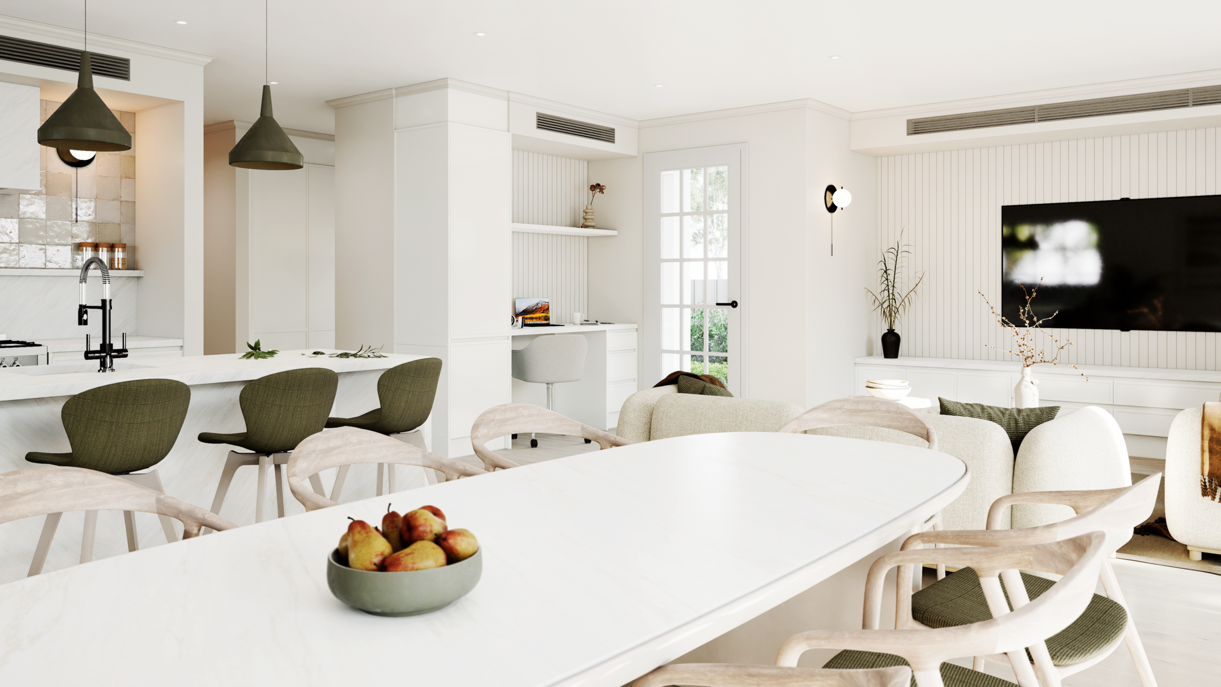 Photorealistic dining render with long table and kitchen in the background, Adelaide interior, rendered by Sinan Designs