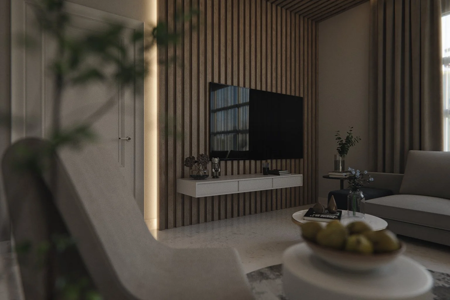 Interior render showing lounge chairs and side table within a softly lit daytime living room