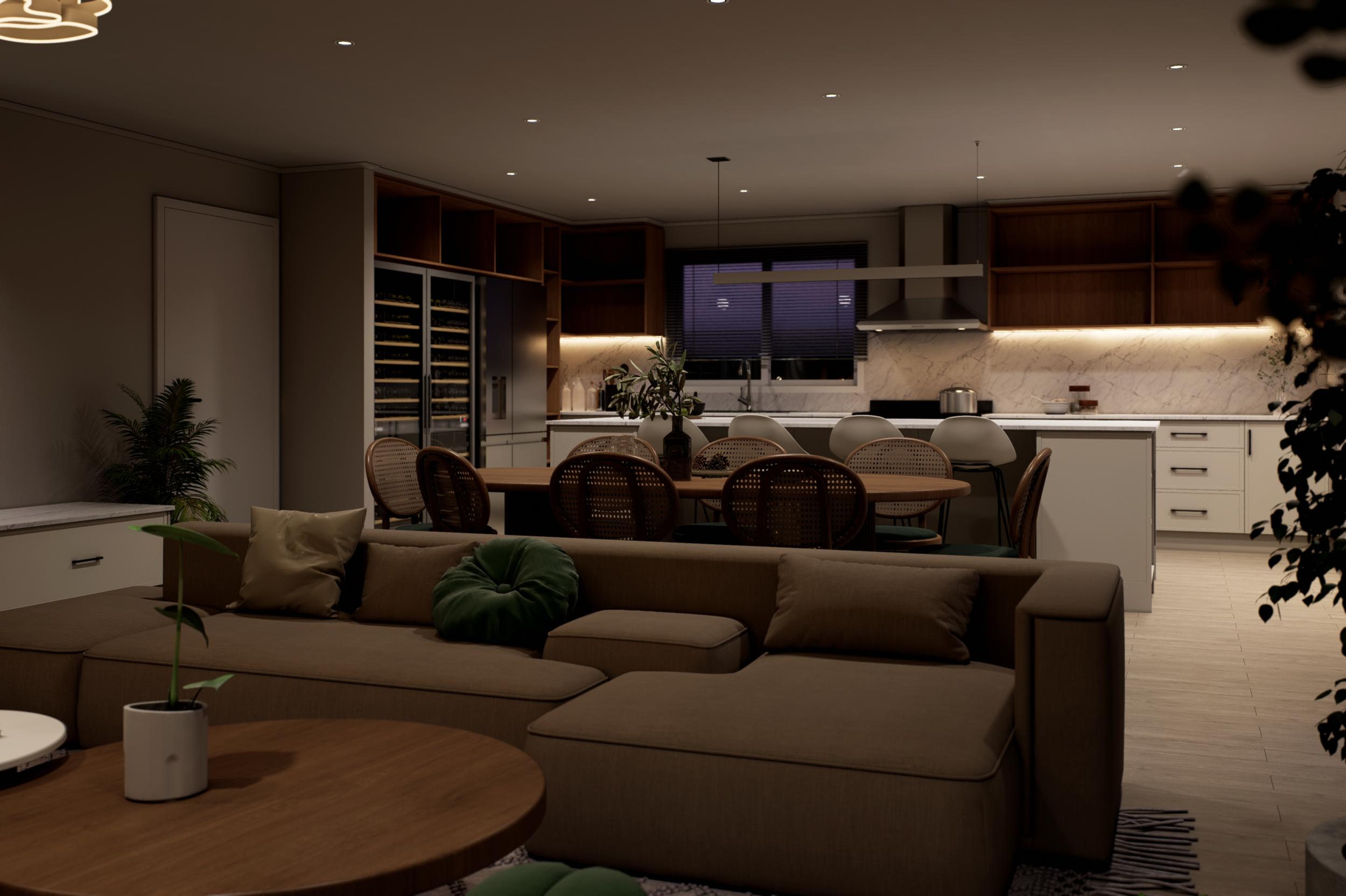 Photorealistic 3D render of a premium open-plan residential interior under night lighting. No natural light. Under-cabinet strips, downlights, and wine fridge interior glow as deliberate light placements. Adelaide. Rendered by SinanDesigns