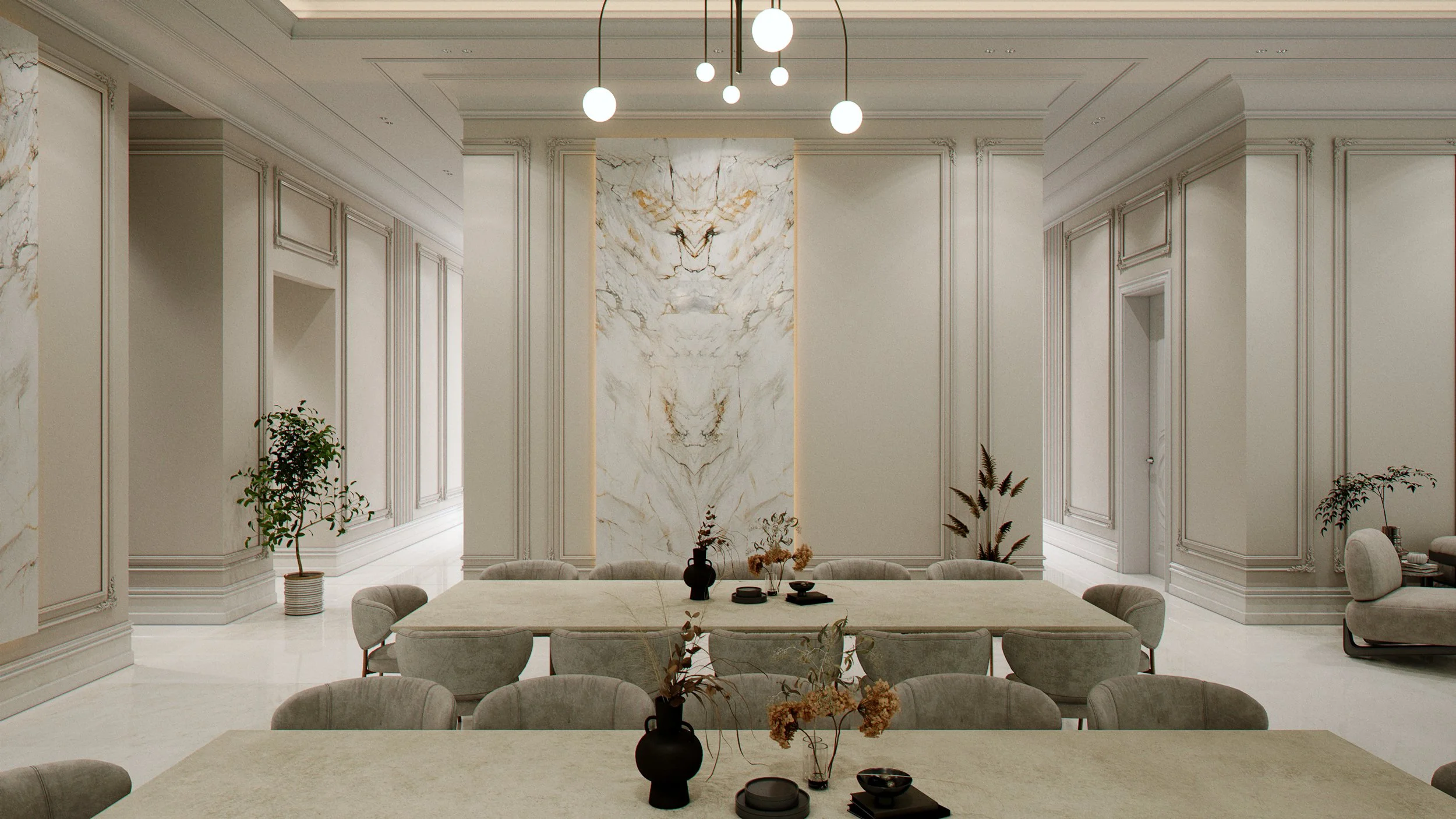 Luxury dining area render with marble focal wall and classical interior detailing
