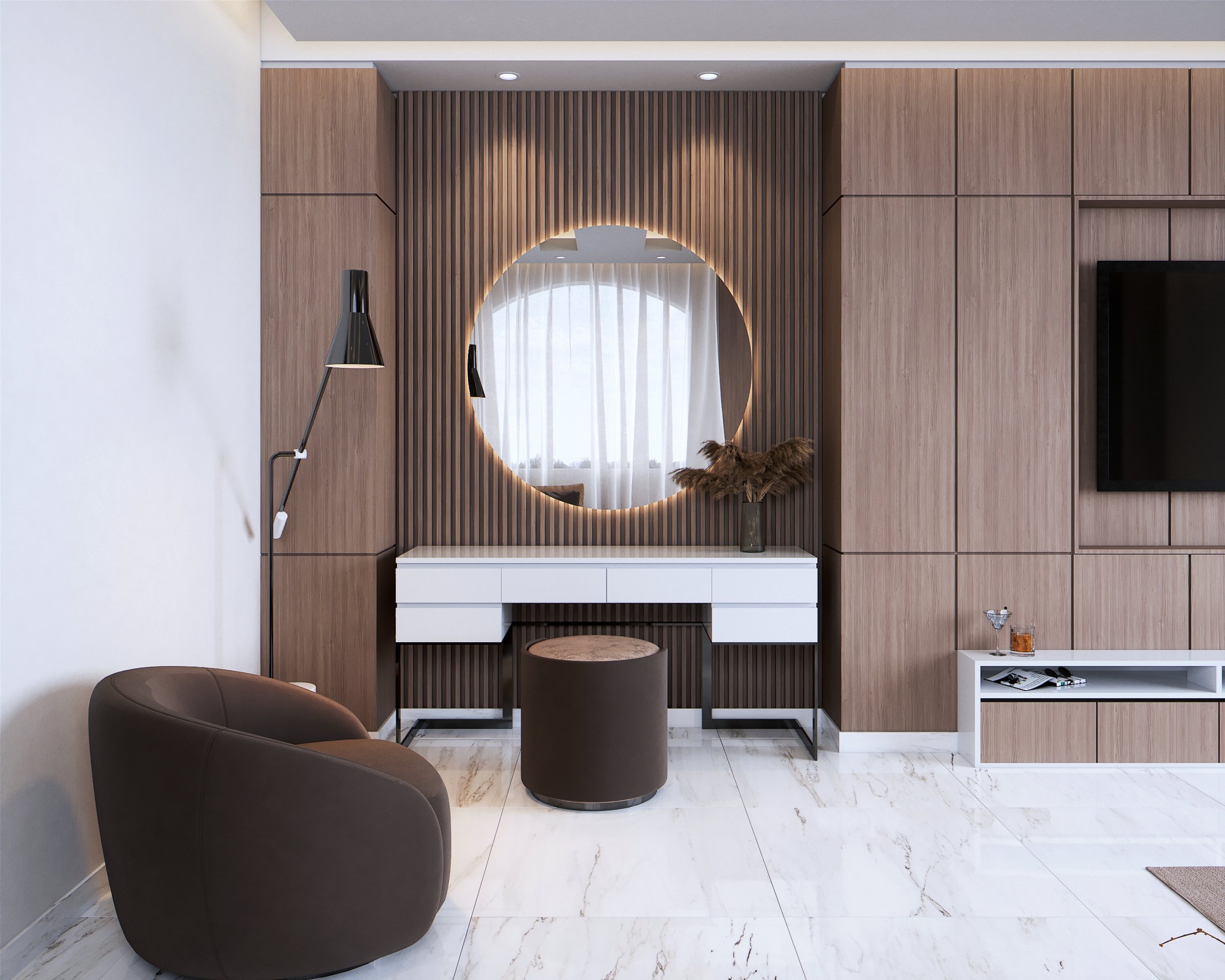 Bedroom vanity area render with round backlit mirror, timber detailing and white drawers
