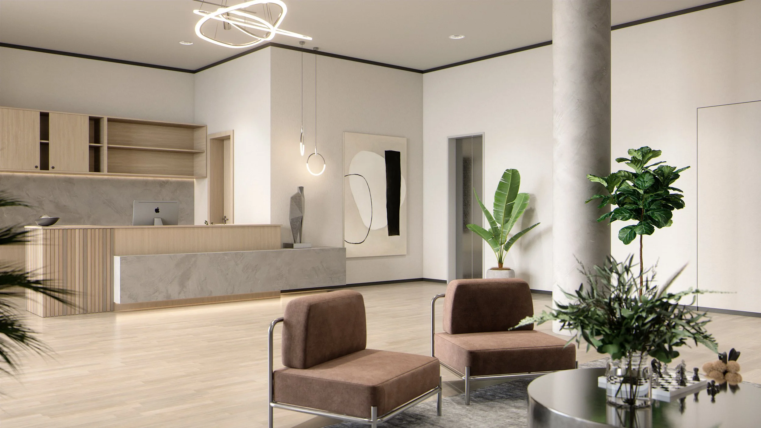 View from reception across a renovated heritage hotel lobby with lounge seating and mural backdrop