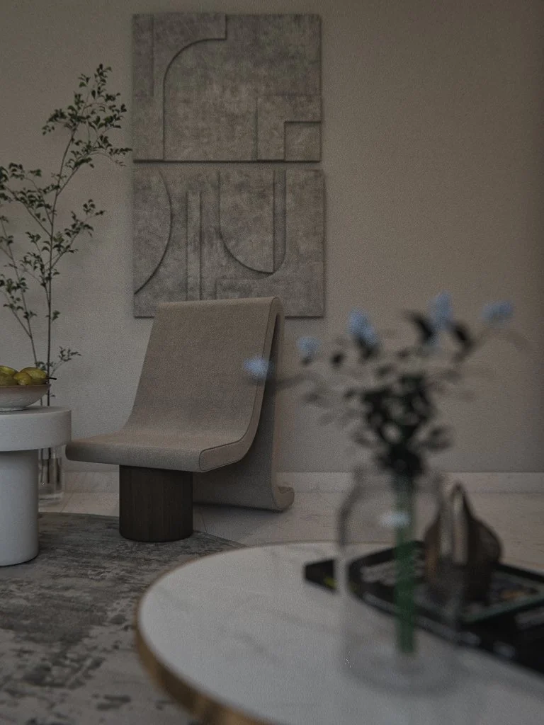 Close-up 3D 3 render detail of two curved lounge chairs and a round side table set against bas-relief concrete wall panels — interior visualisation for an Adelaide private residential project by Sinan Designs