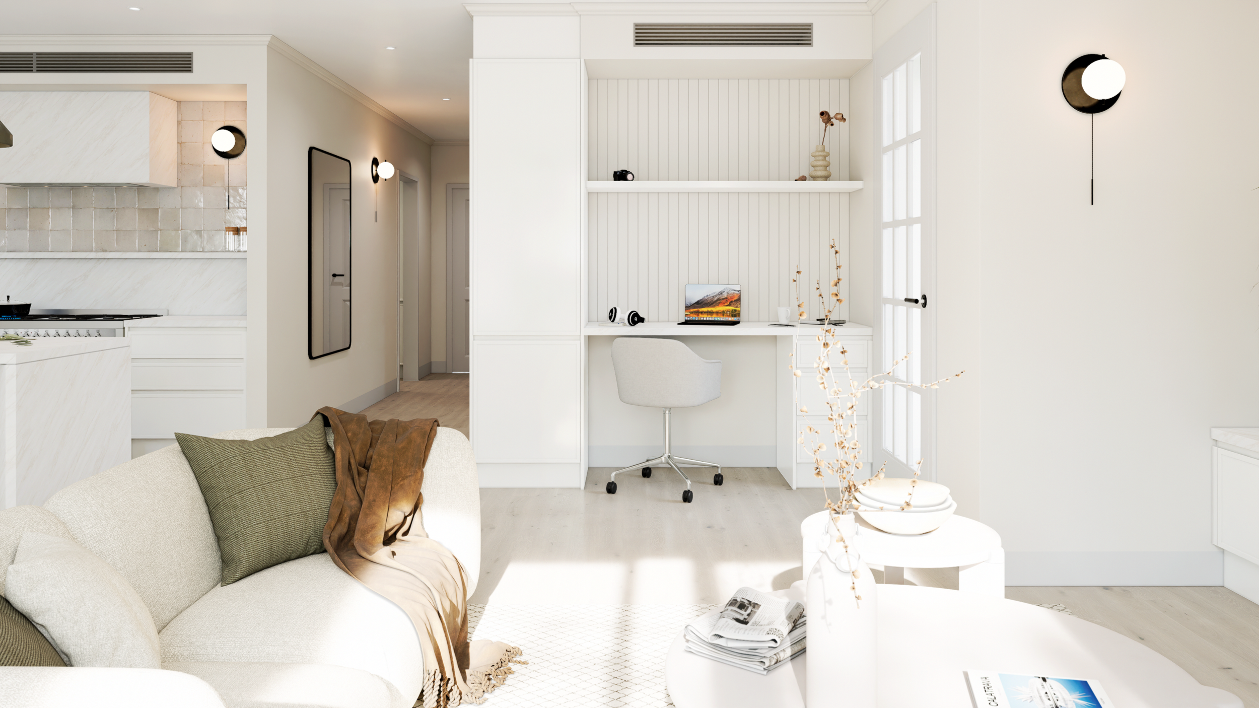 Photorealistic living room render with built-in shelving and neutral sofa, Adelaide interior, rendered by Sinan Designs