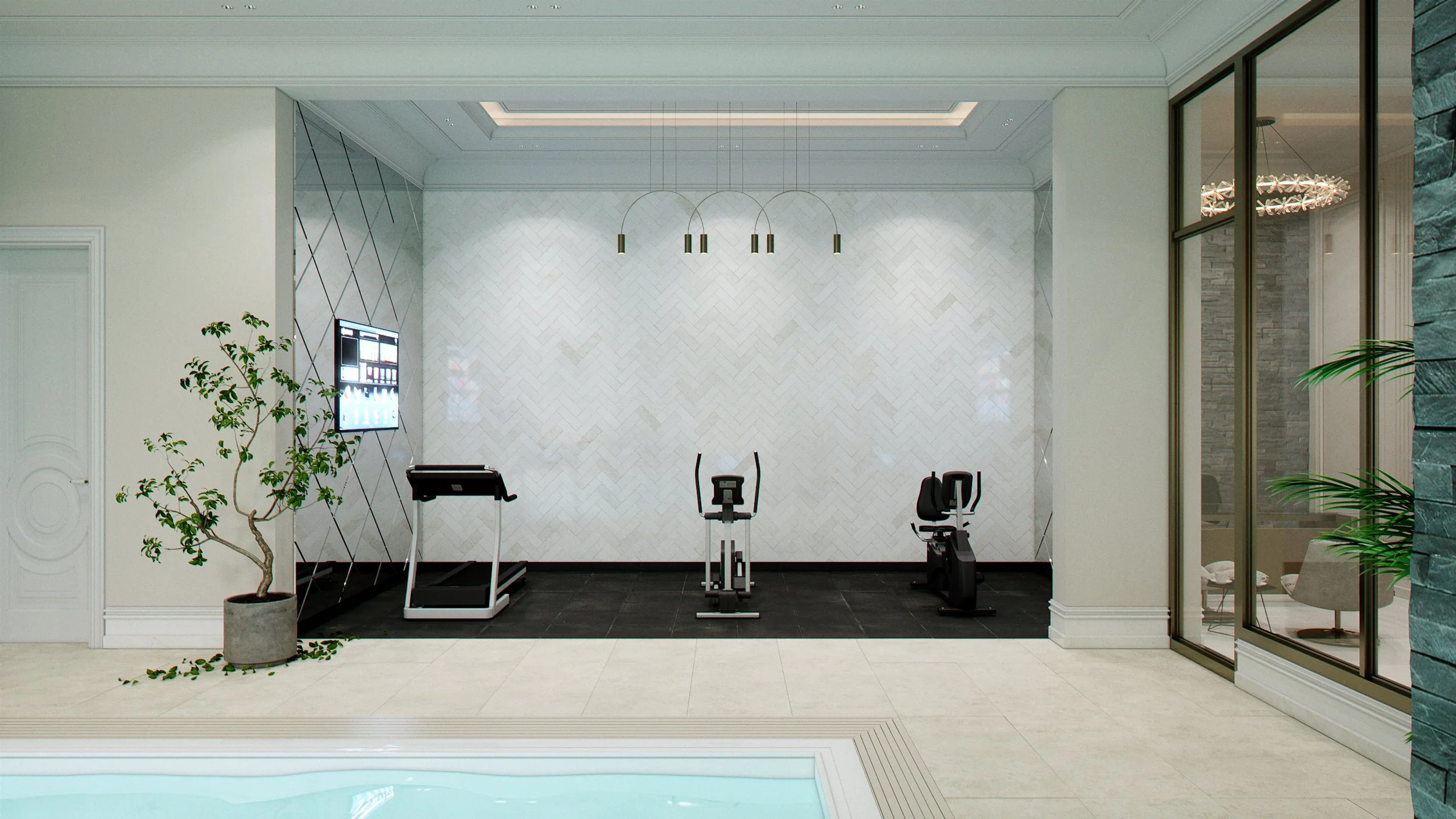 Photorealistic home gym interior render within a luxury Kuwait residence