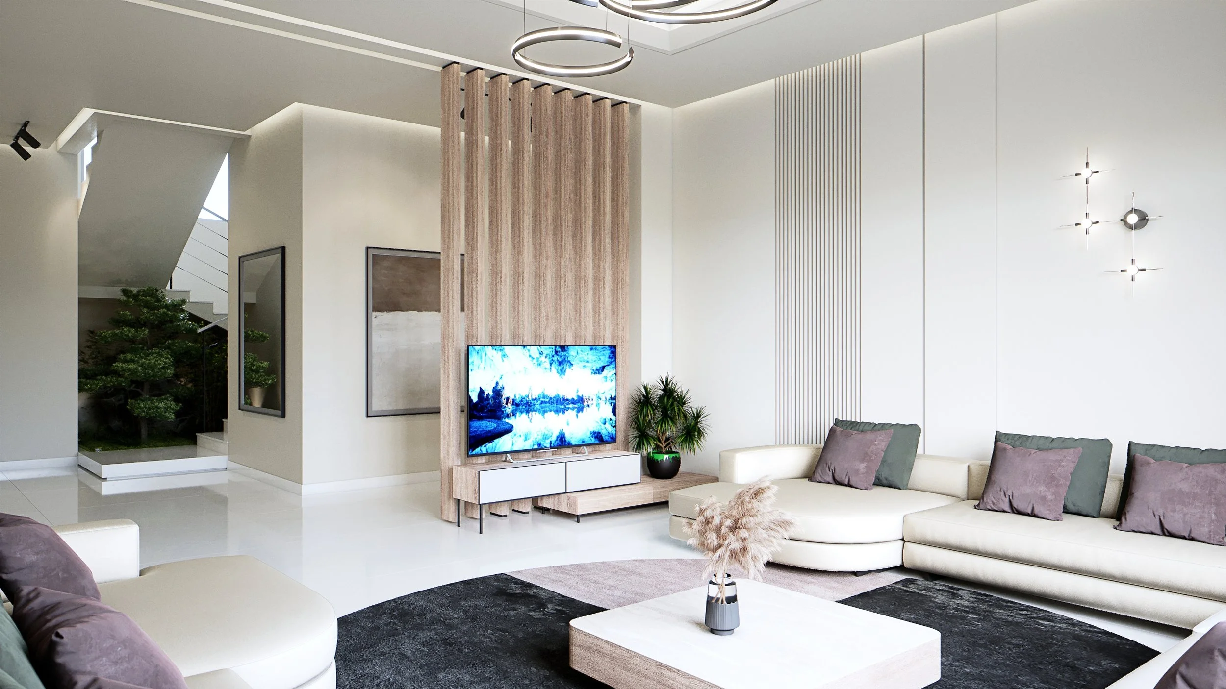 TV living space with full-height timber slat feature wall and ring pendant light, photorealistic interior render