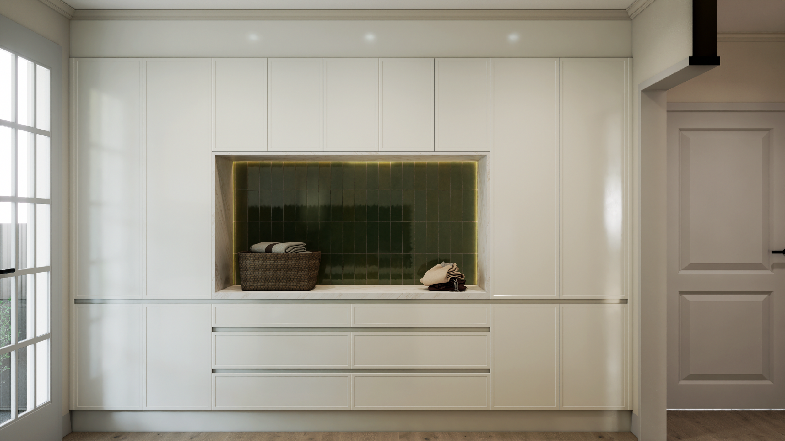Photorealistic built-in cabinetry render with stone feature splashback, Adelaide interior, rendered by Sinan Designs
