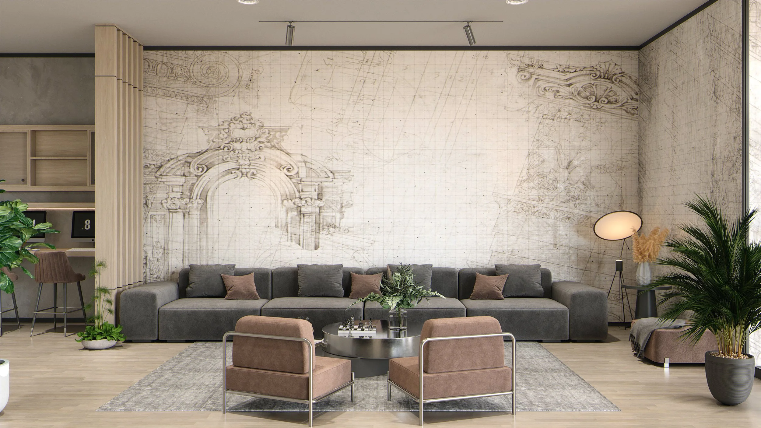 Photorealistic hotel lobby visualisation in Germany showing a heritage-inspired lounge seating area after renovation