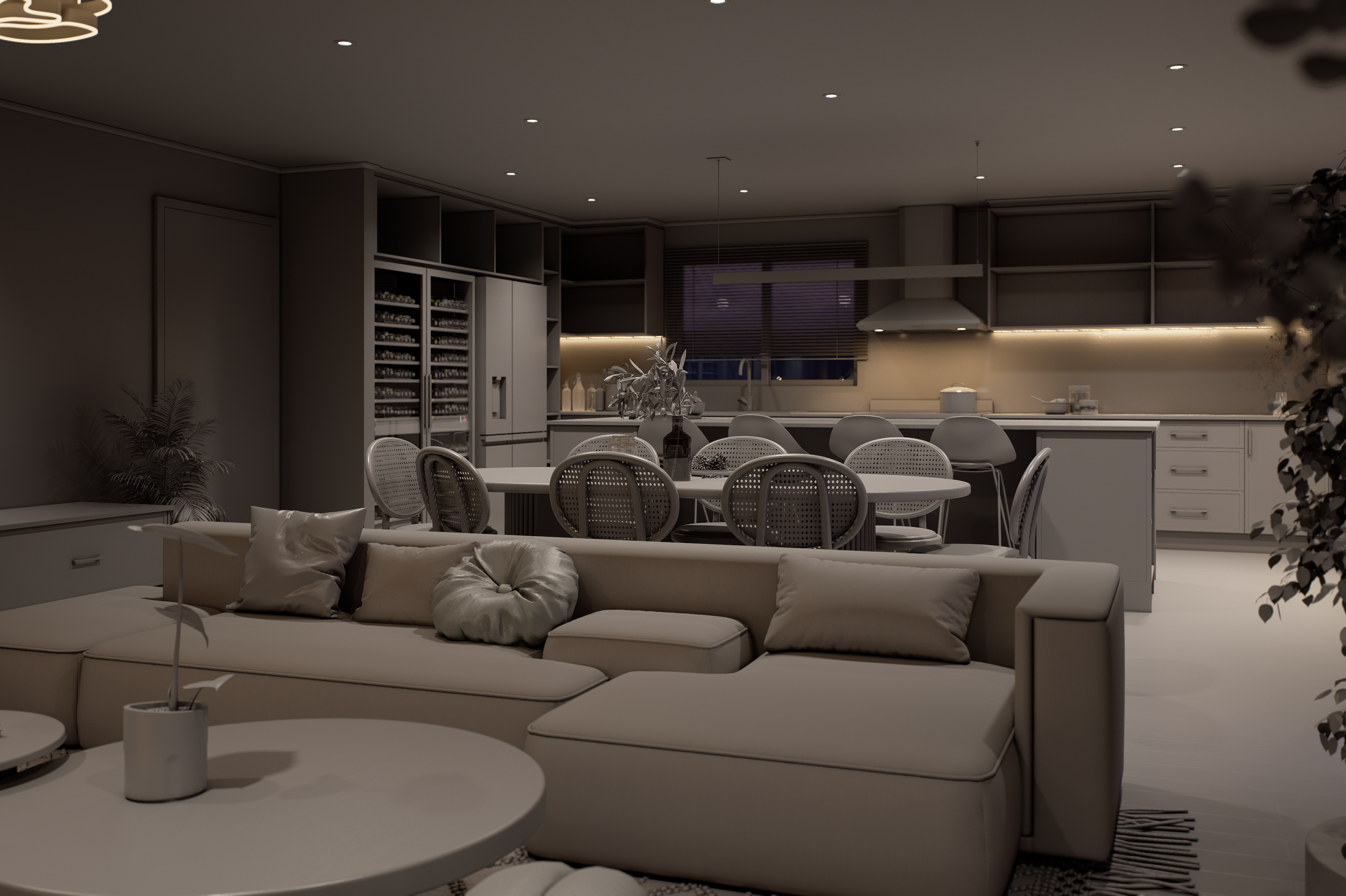 Clay render of the same interior under night lighting. All materials removed to show the complete artificial lighting rig in isolation. Spatial hierarchy from kitchen to dining to living zone visible in pure light. Rendered by SinanDesigns in D5 Rend