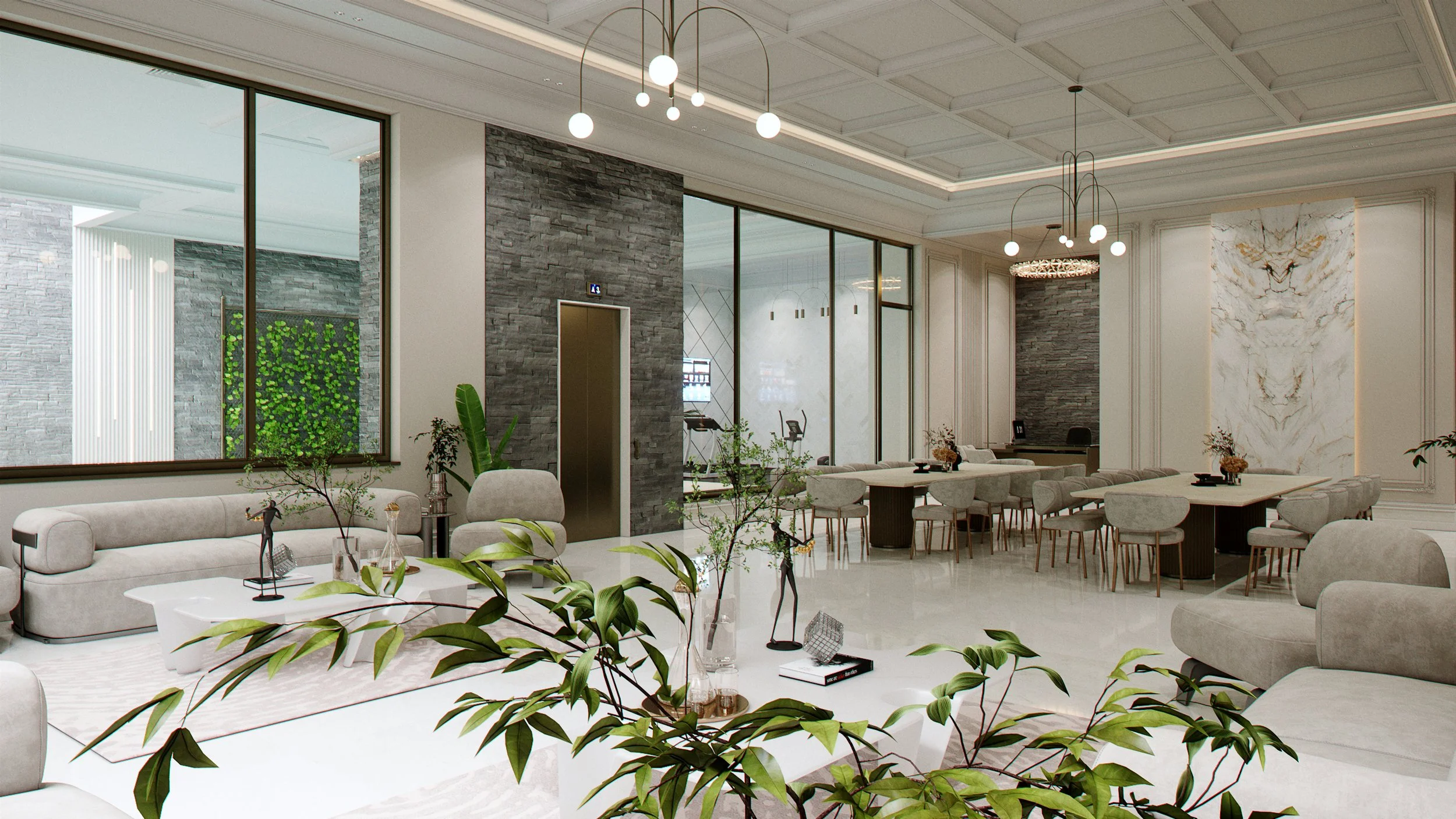Open-plan luxury living and dining visualisation with refined lighting and neutral material palette