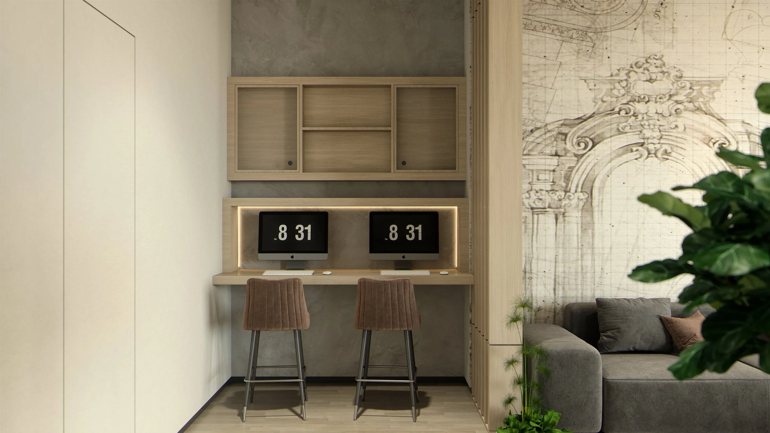 Lobby corner perspective showing heritage wall artwork, lounge furniture and soft lighting
