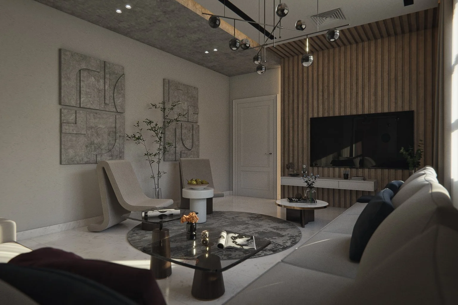 3D visualisation of an Adelaide living room interior showing bas-relief concrete wall art panels, curved sculptural lounge chairs, a circular rug and warm pendant lighting — Sinan Designs interior visualisation