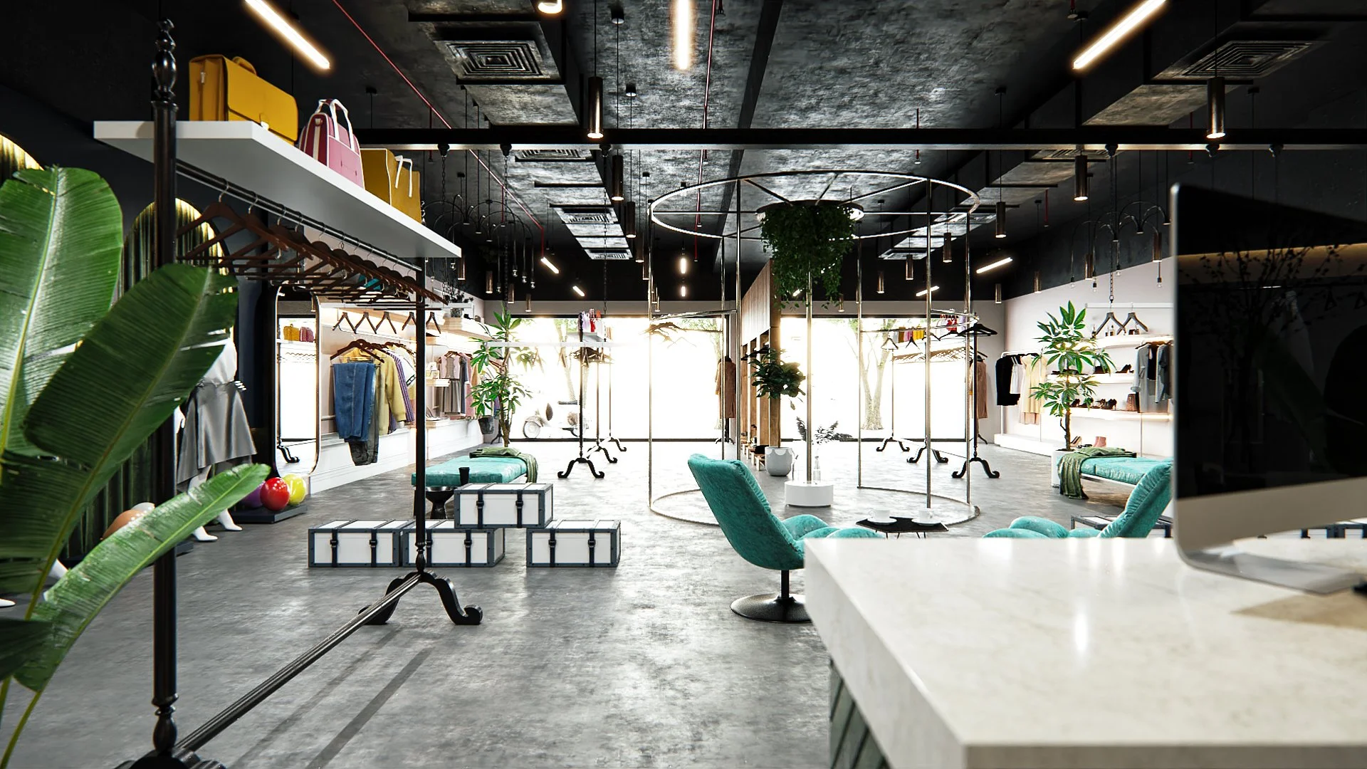 Wide retail interior visualisation showing the shopping journey across the store layout