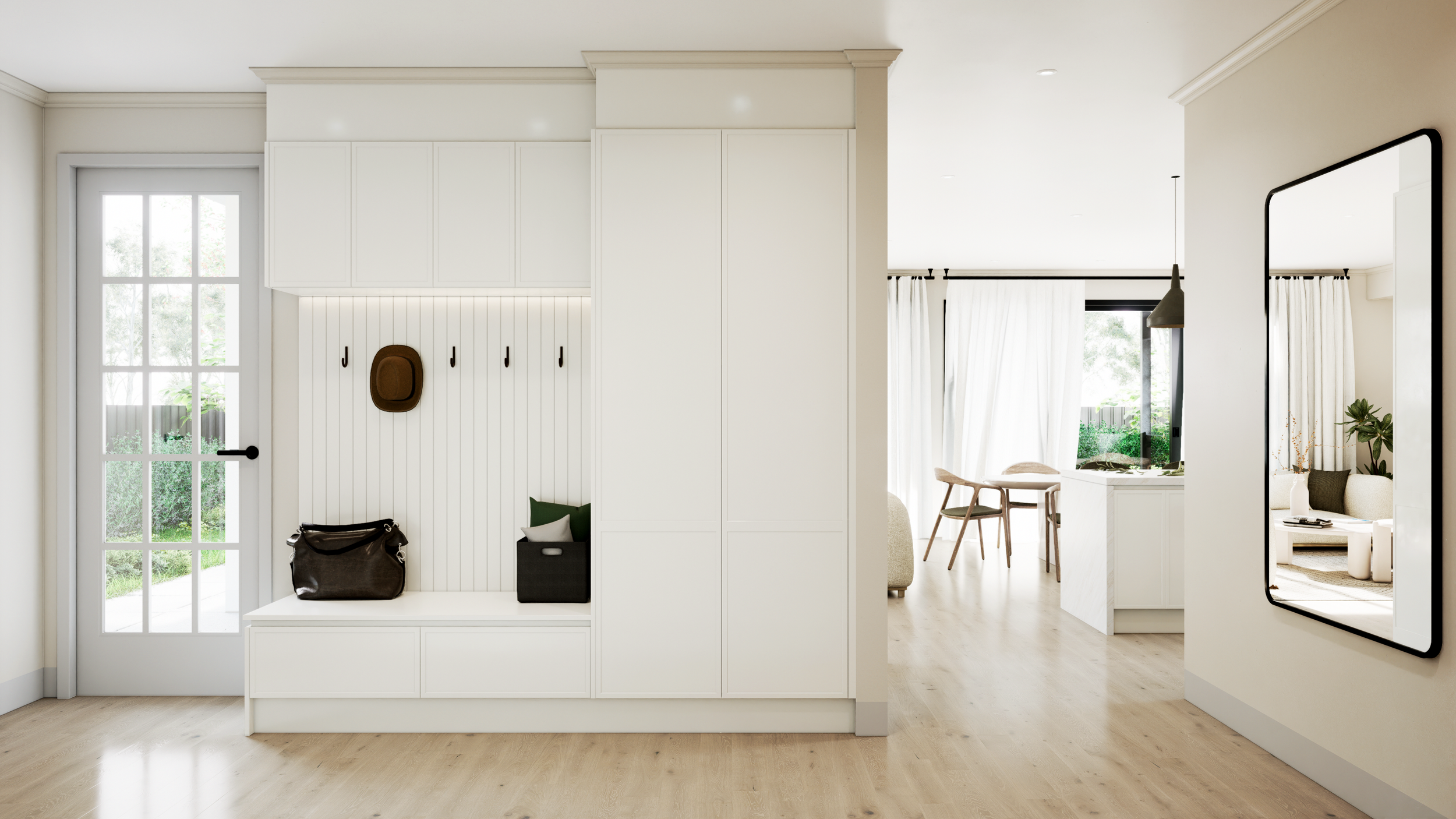 Photorealistic entryway render with built-in mudroom storage, Adelaide interior, rendered by Sinan Designs