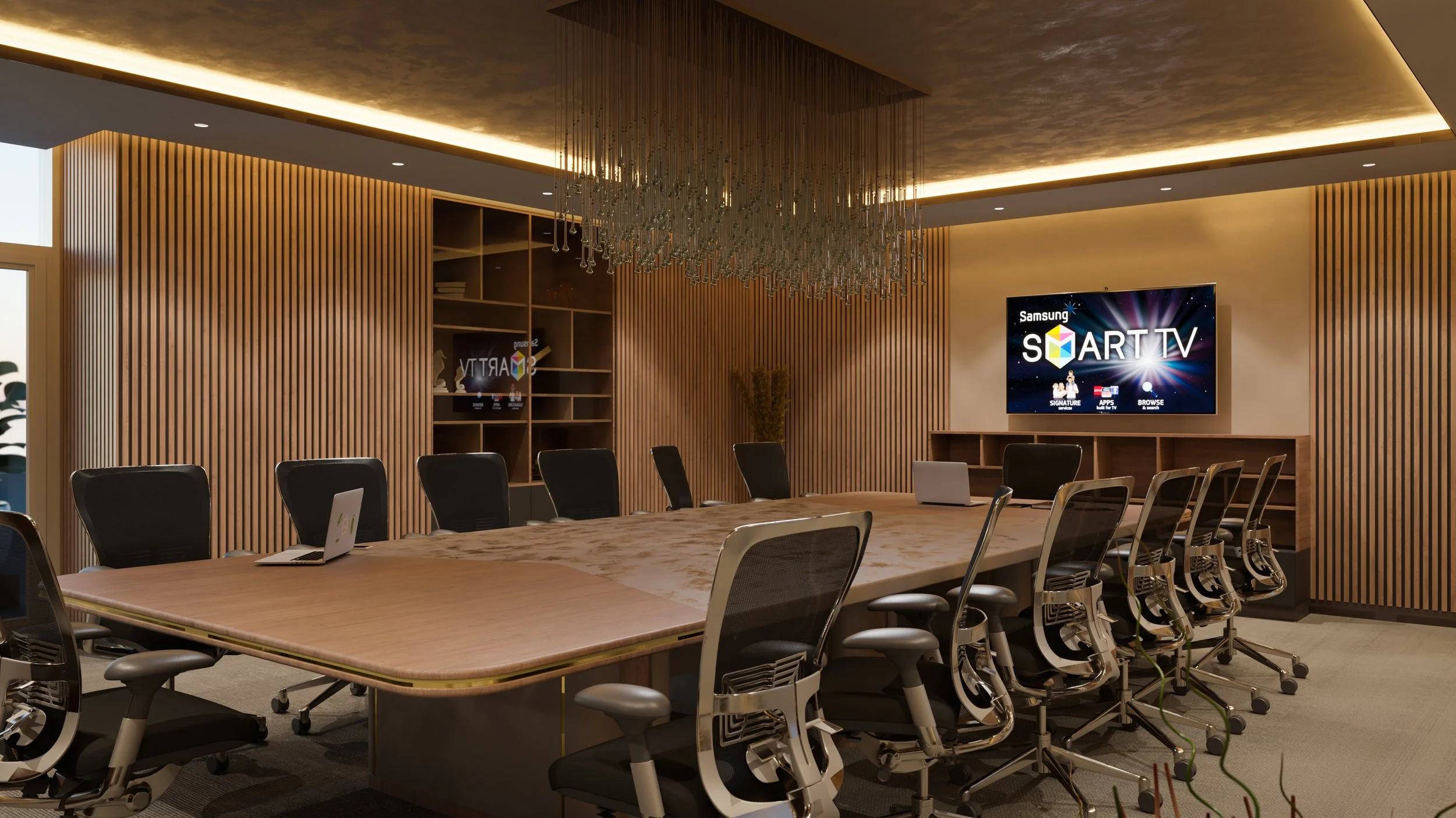 Photorealistic boardroom interior visualisation for Elite Group, wide angle showing table, lighting, and material palette. Rendered by Sinan Designs.