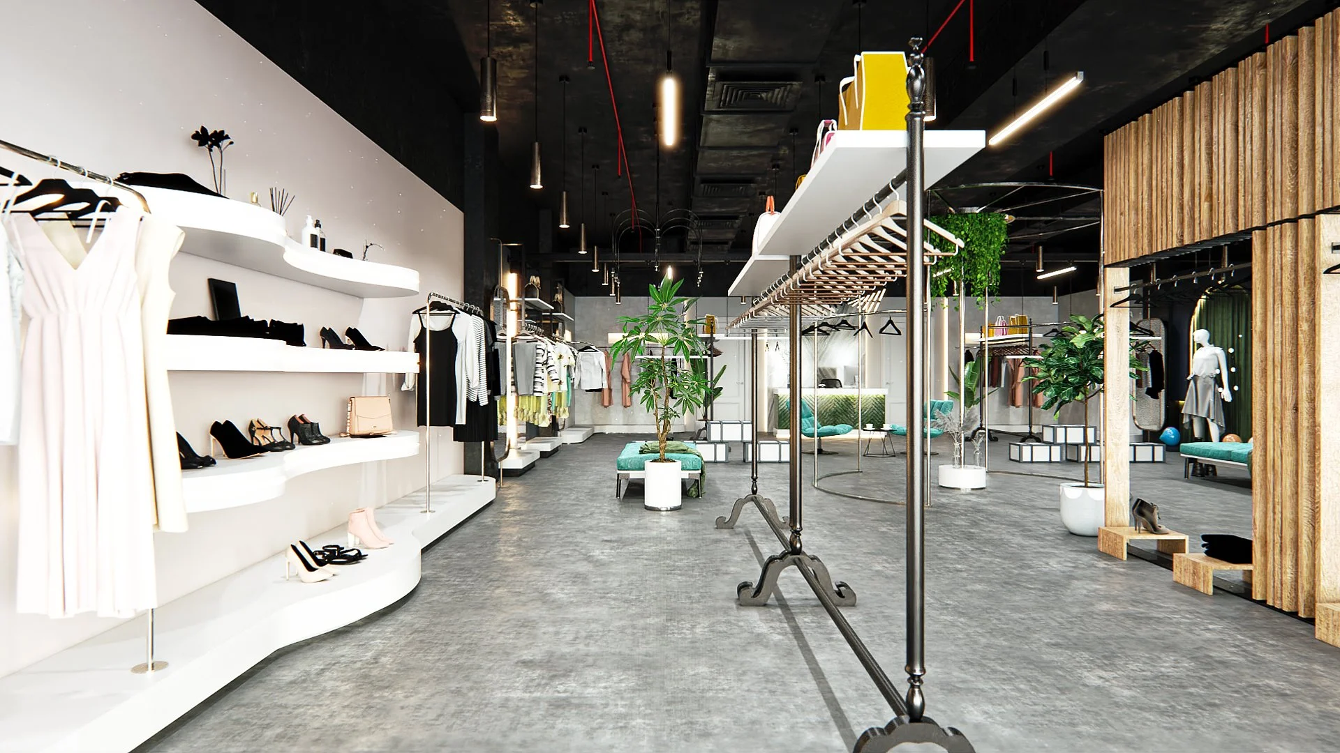 Boutique interior render from the counter area looking across the retail floor and feature displays