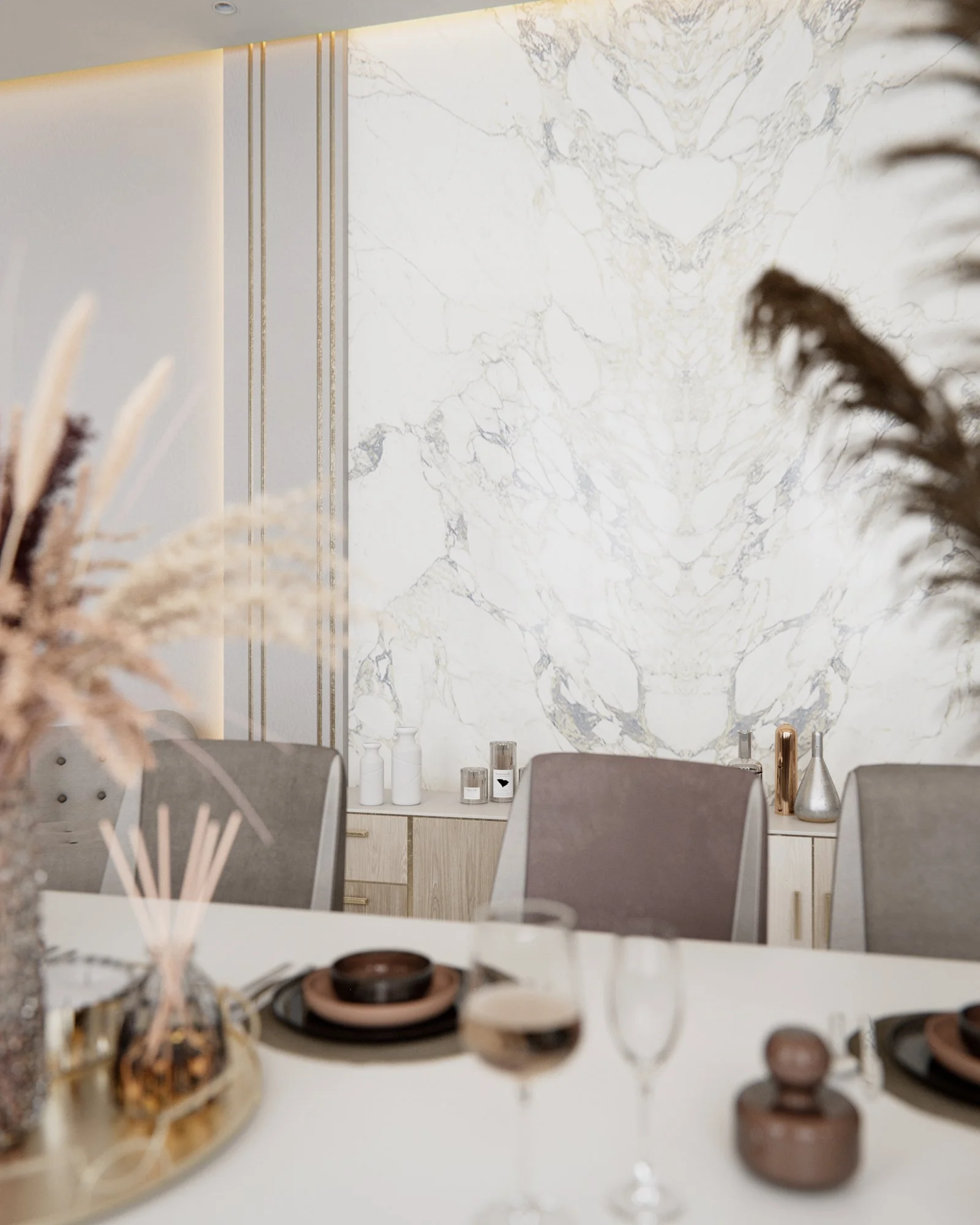 Book match marble with dining table and chairs with accessories on top