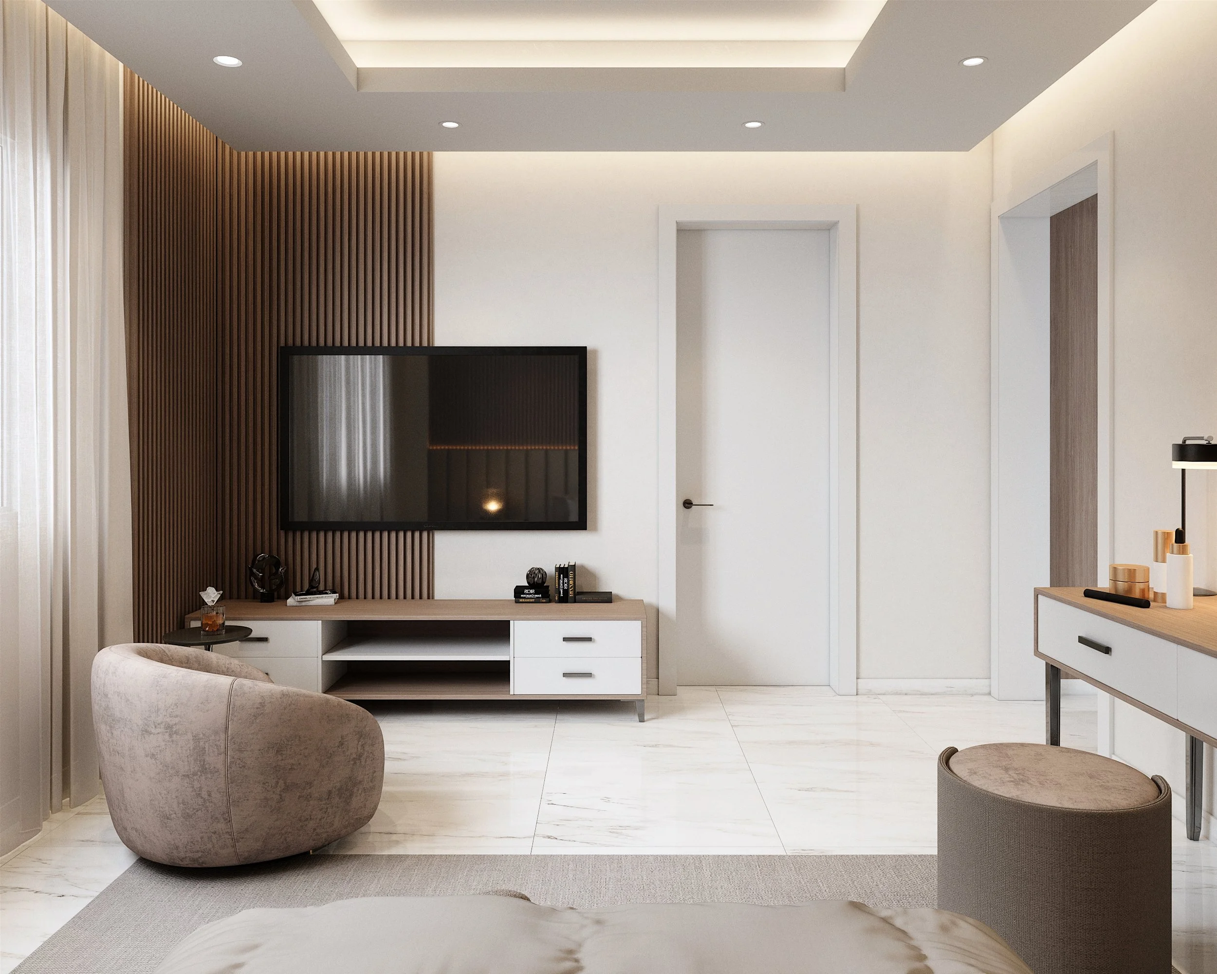 Master suite interior render showing lounge chair, TV wall and calm neutral palette