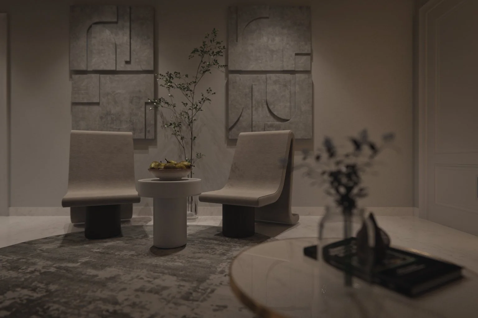 Close night render of two curved lounge chairs against bas-relief concrete panels under warm intimate lighting in an Adelaide living room — detail interior visualisation by Sinan Designs