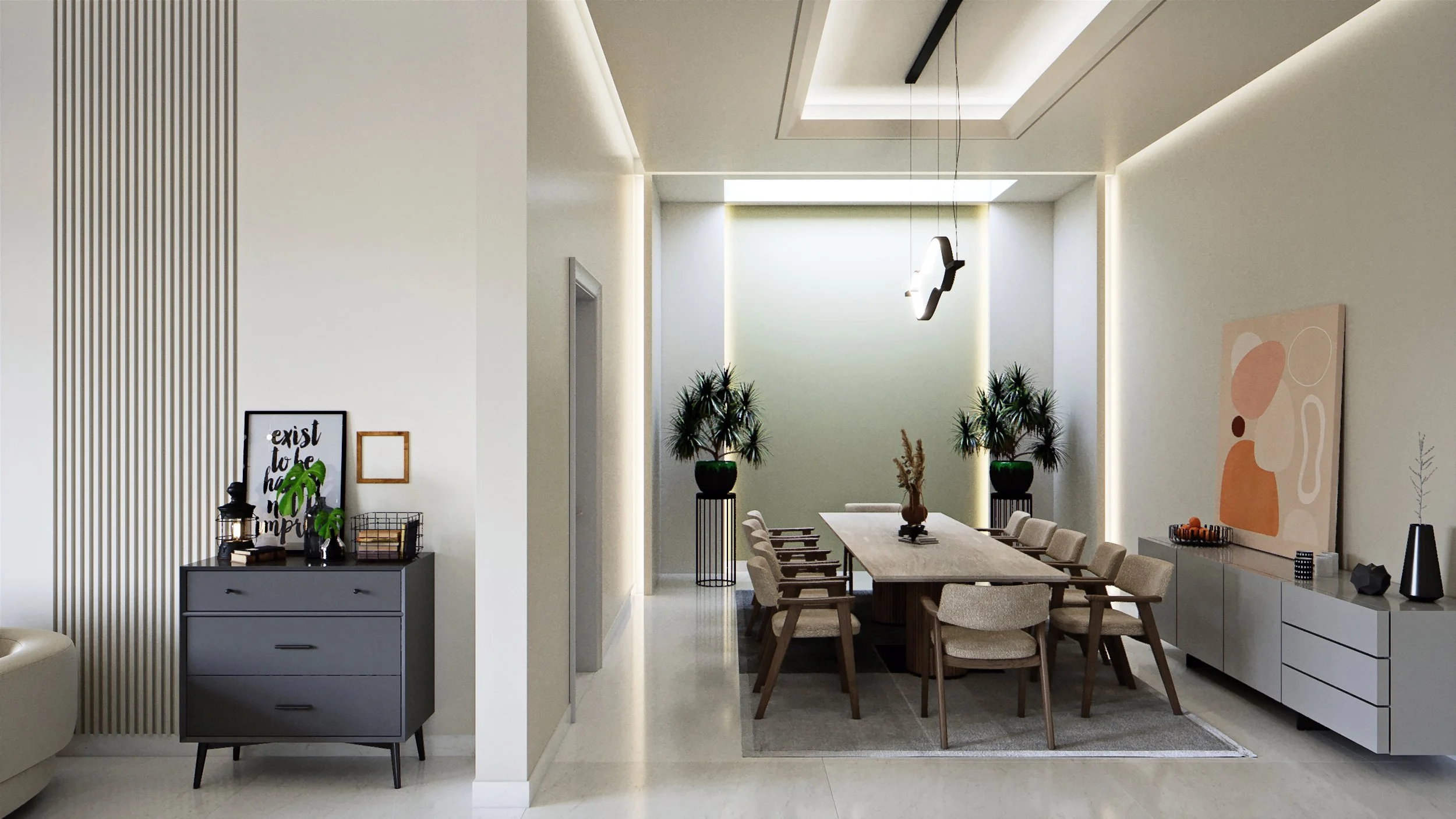 Dining room framed through corridor with cove lighting, botanical elements and sculptural pendant, 3D interior render