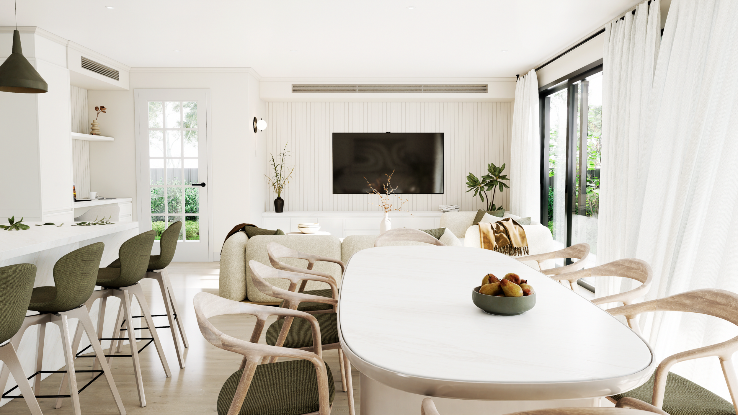 Photorealistic kitchen and dining render with round table and banquette seating, Adelaide interior, rendered by Sinan Designs