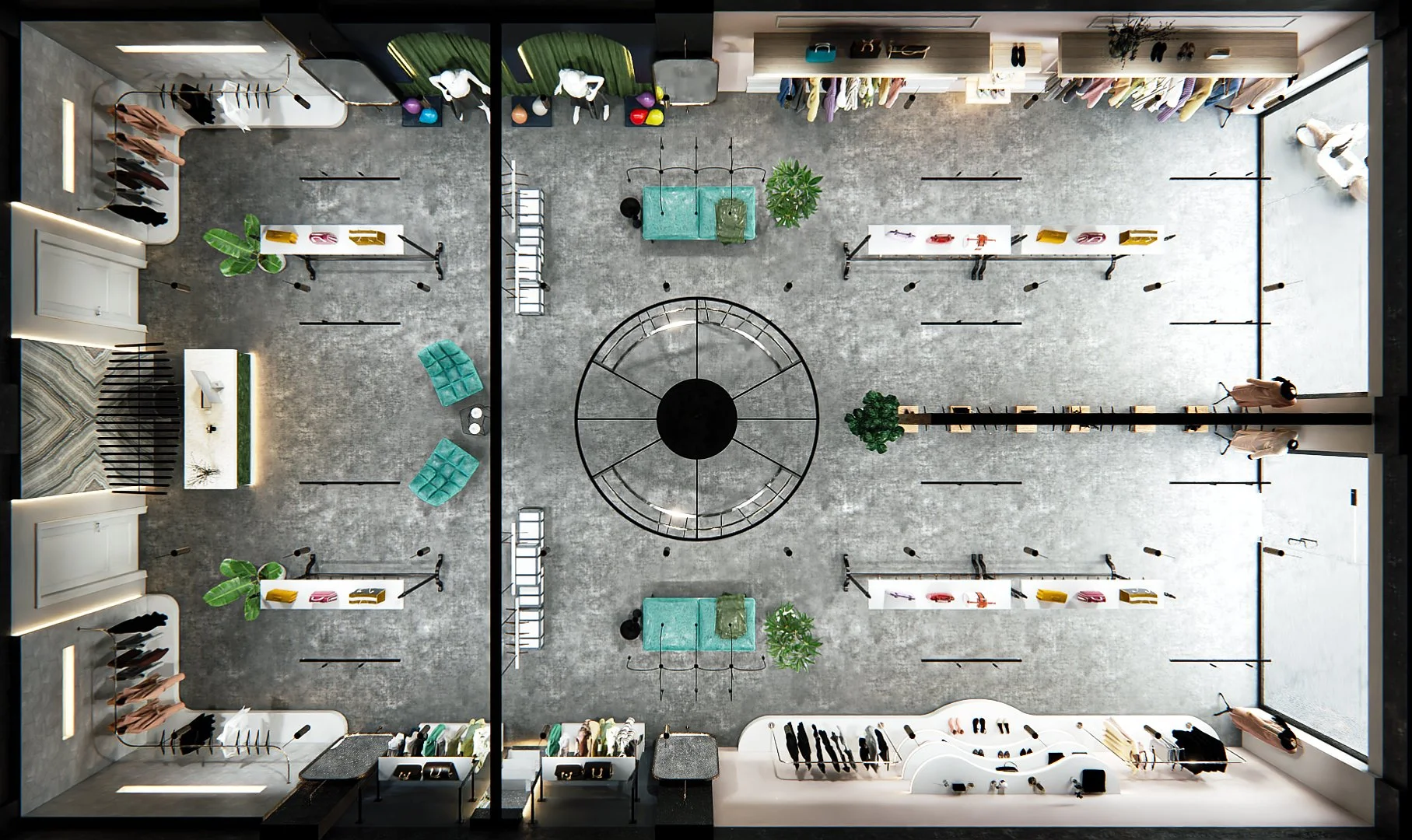 Top view retail store visualisation showing the boutique layout, circulation and display zones