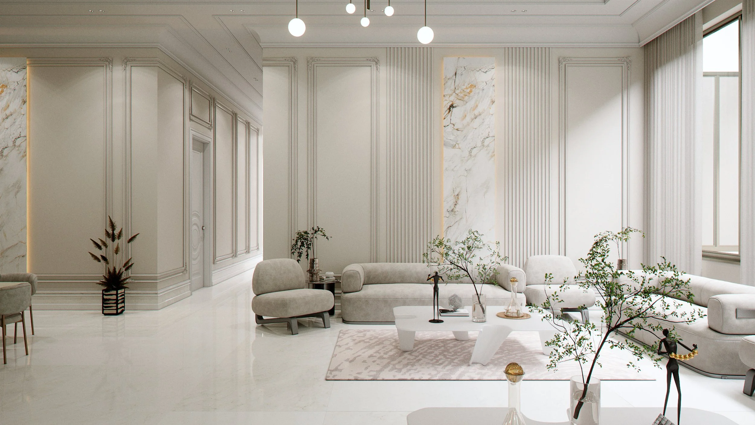 Photorealistic living room visualisation with marble feature wall and soft neutral furniture