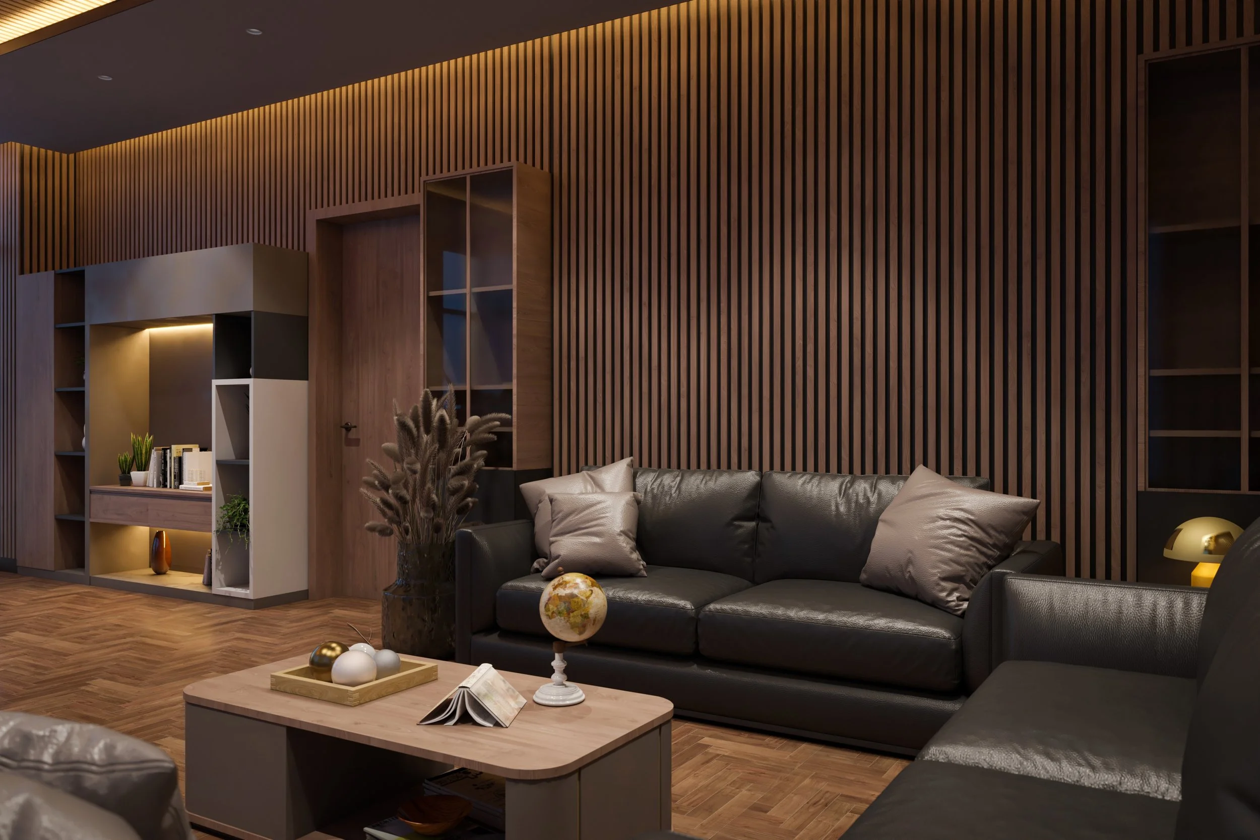 Photorealistic executive office visualisation for Elite Group, showing joinery, lighting, and material composition. Rendered by Sinan Designs.