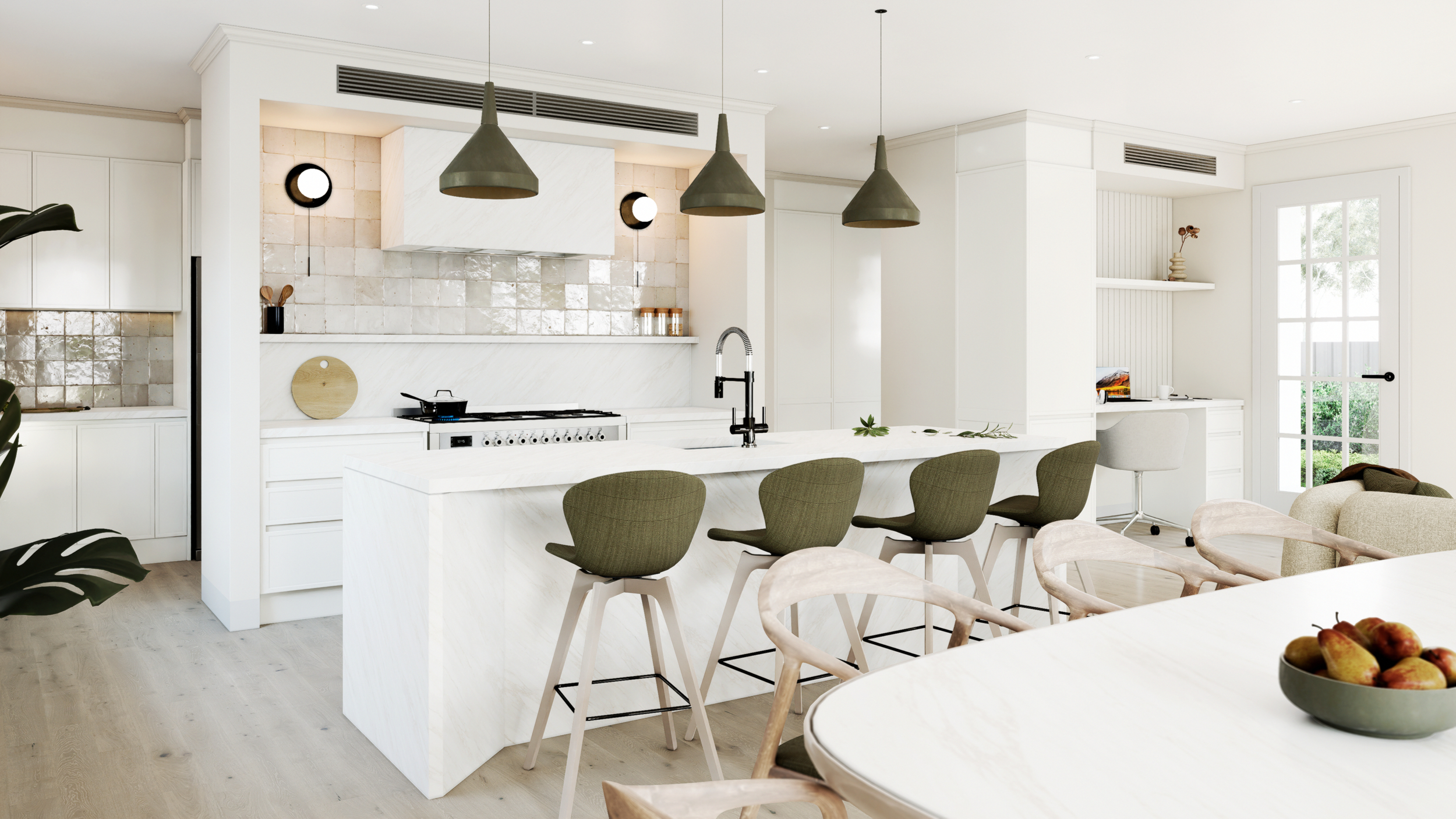 Photorealistic kitchen and dining render with island seating, Adelaide interior, rendered by Sinan Designs