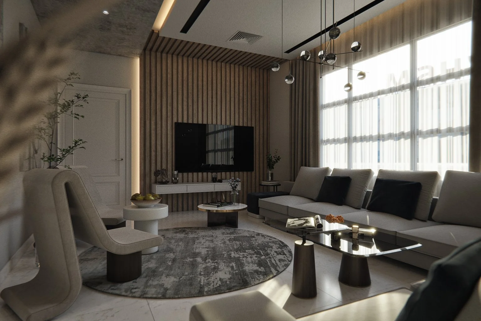Photorealistic daytime living room visualisation in Dubai showing natural light, timber wall detailing and soft neutral furniture