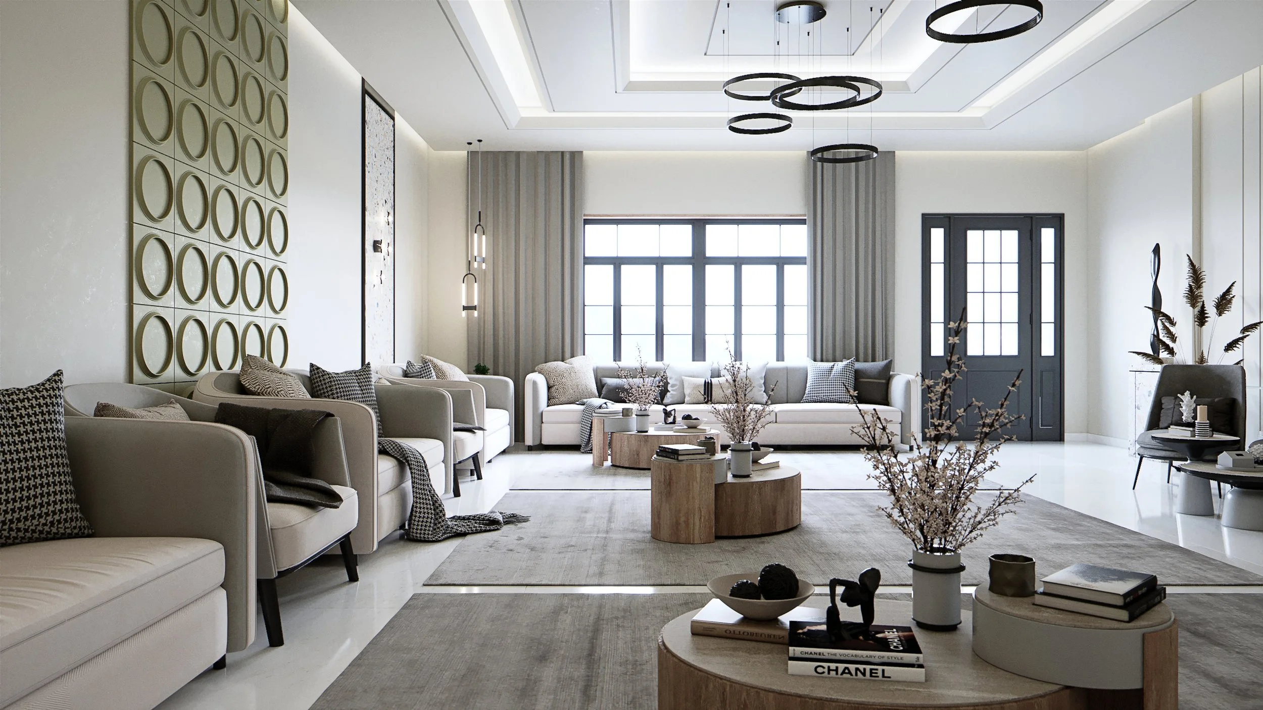 Formal living room with ring pendant lights and circular wall panels, luxury residential interior visualisation, Dubai