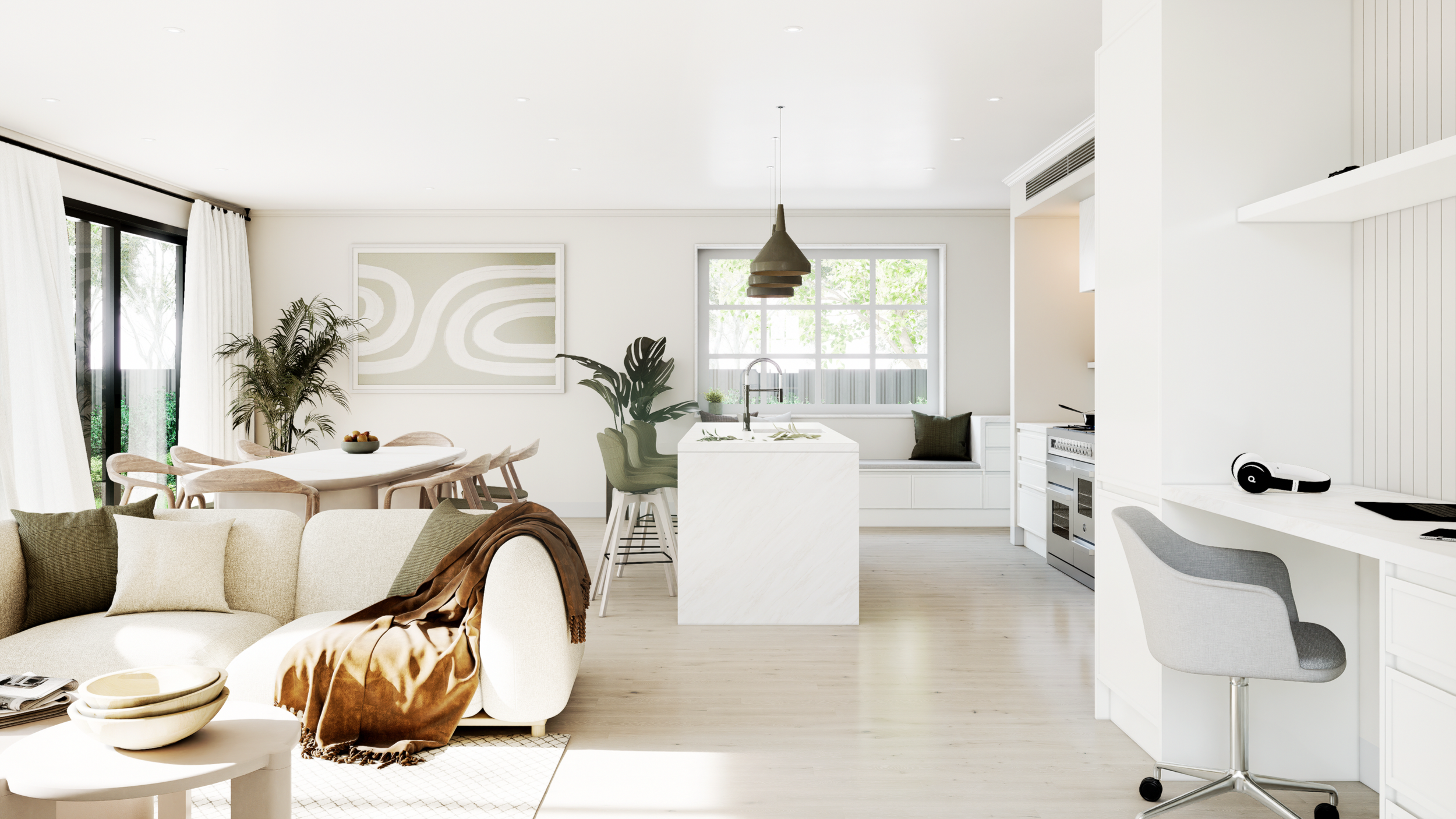 Photorealistic dining and home office render in open-plan layout, Adelaide interior, rendered by Sinan Designs