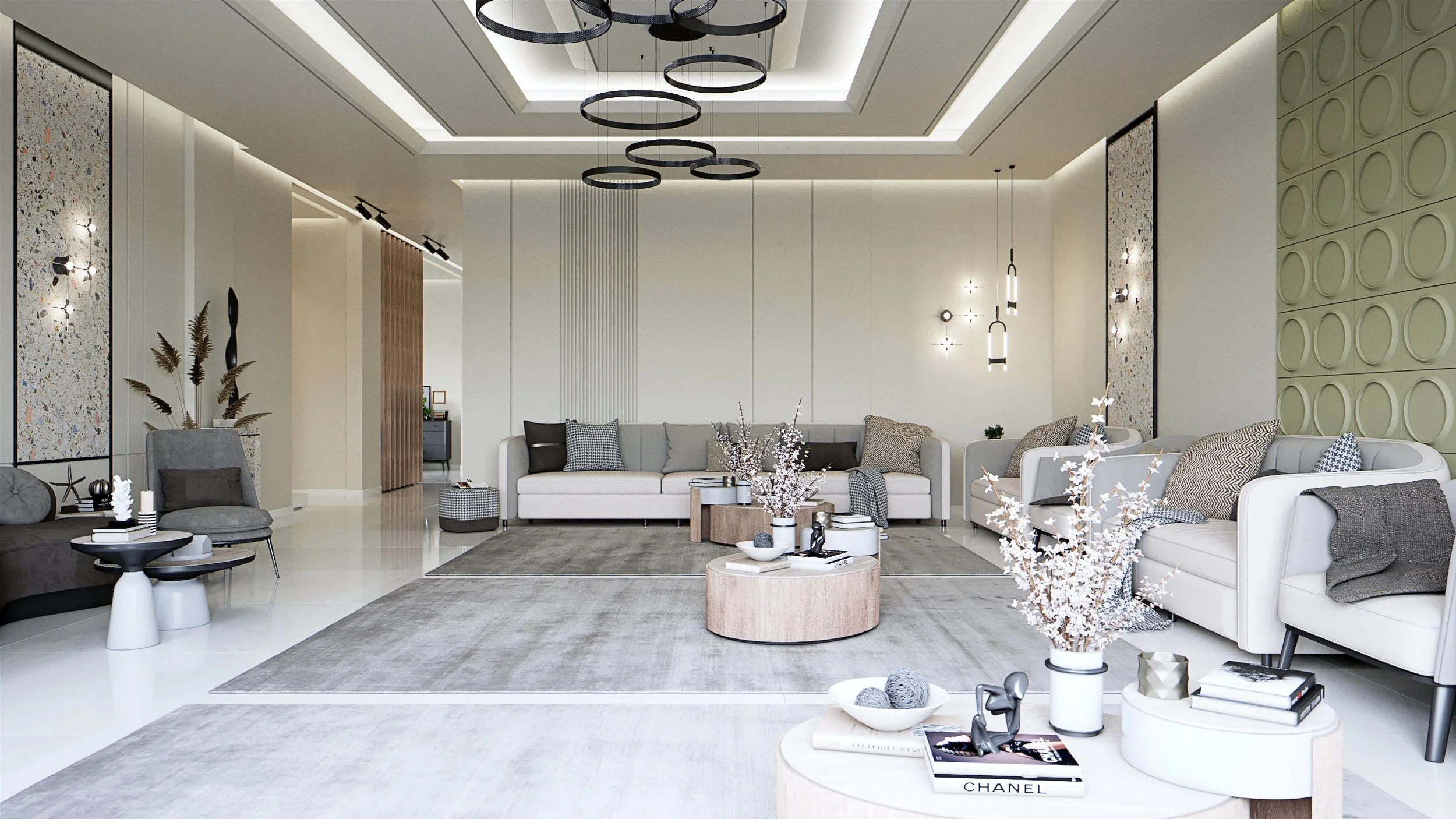 Large living room with layered cove lighting and sage green textured wall panels, 3D interior visualisation