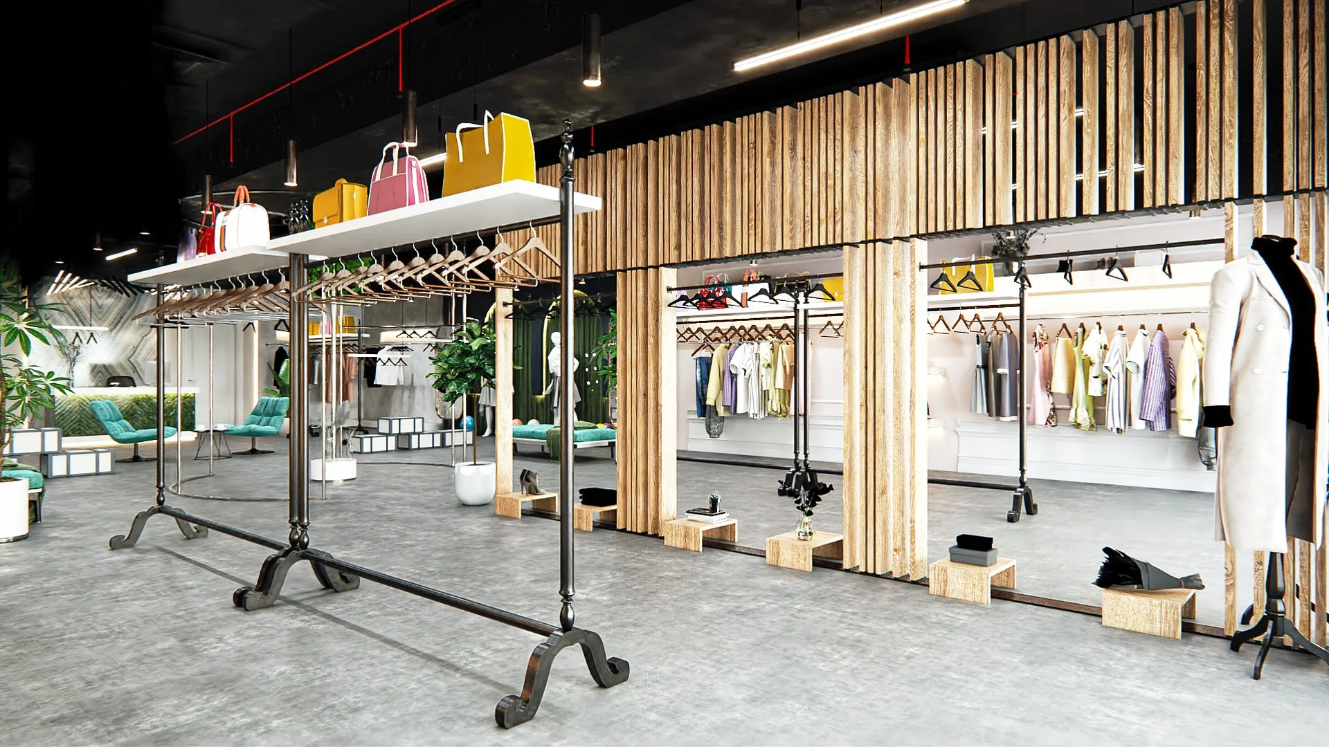 Retail display render showing feature garment rack, shelving and timber detailing