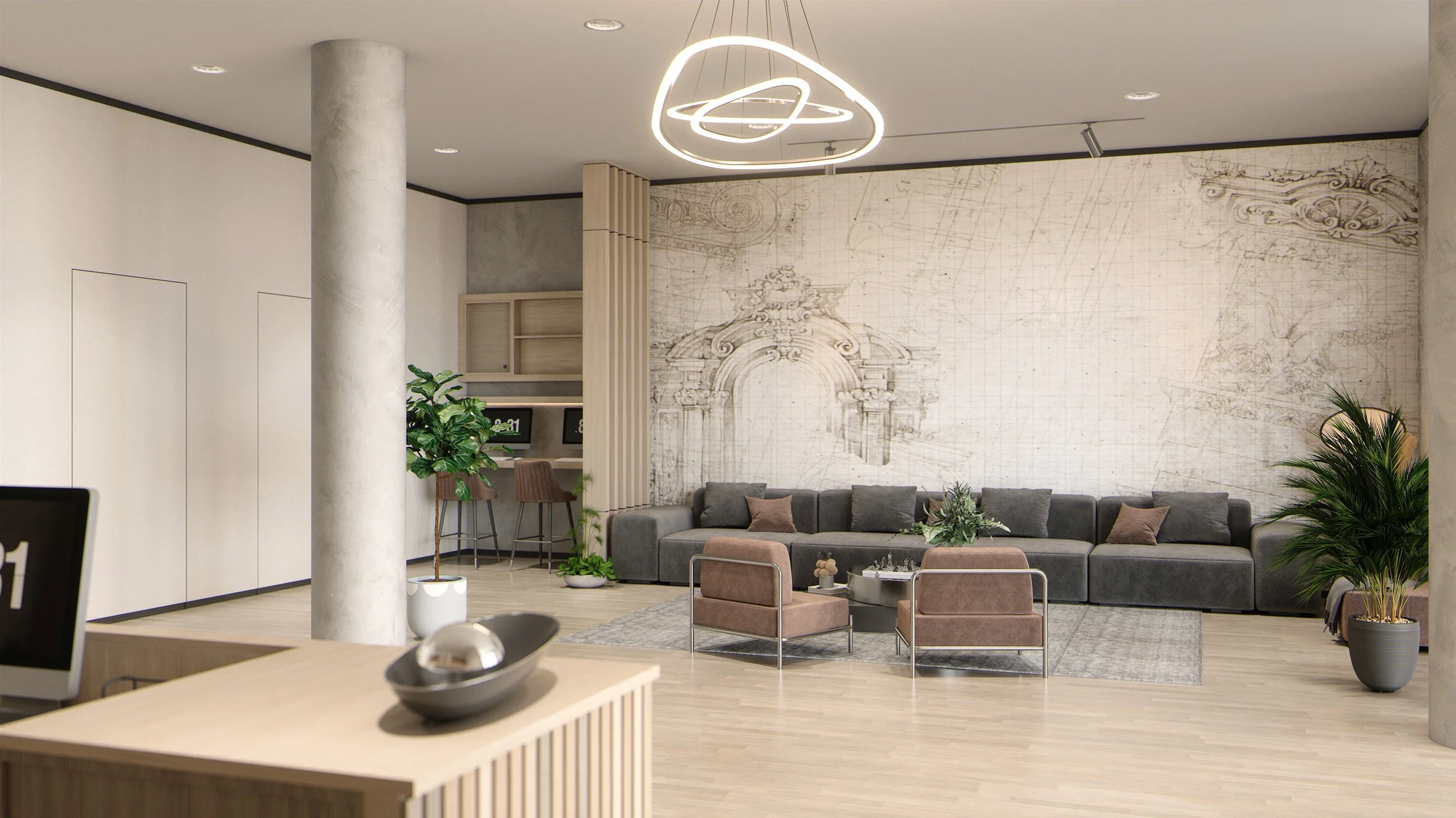 Hotel lobby reception desk visualisation with contemporary lighting and soft neutral finishes