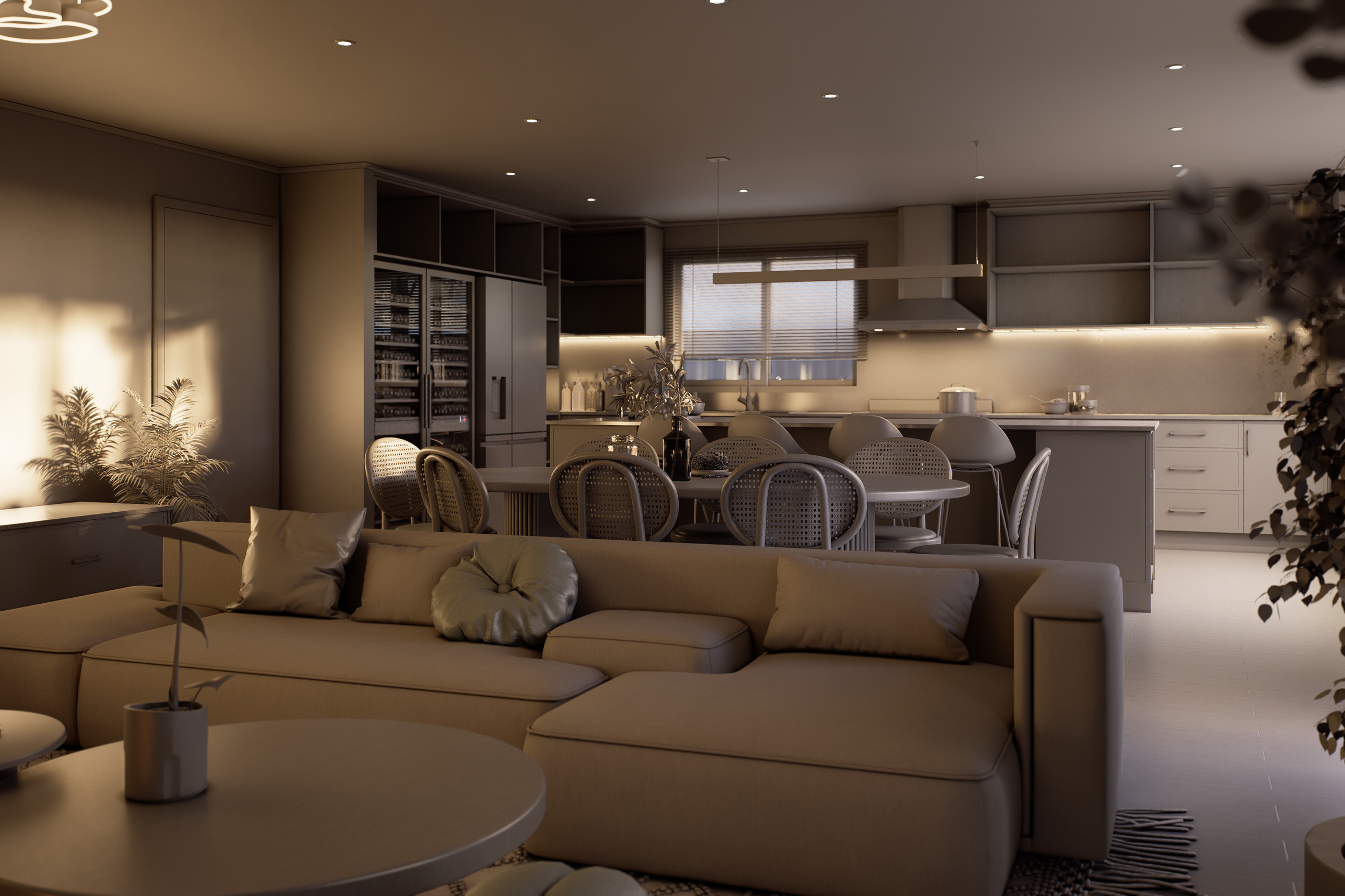 Clay render of the same open-plan interior under dusk ambient lighting. Materials removed to show lighting pools, warm left source, kitchen zone gradient, and living area shadow in isolation. Rendered by SinanDesigns in D5 Render