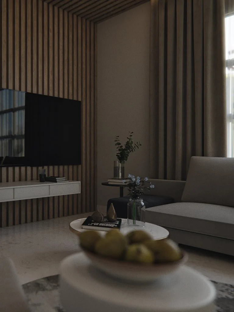 Detail render 2 of a backlit timber slat feature wall with floating TV unit in an Adelaide residential living room — 3D interior visualisation showing warm timber and soft uplighting by Sinan Designs