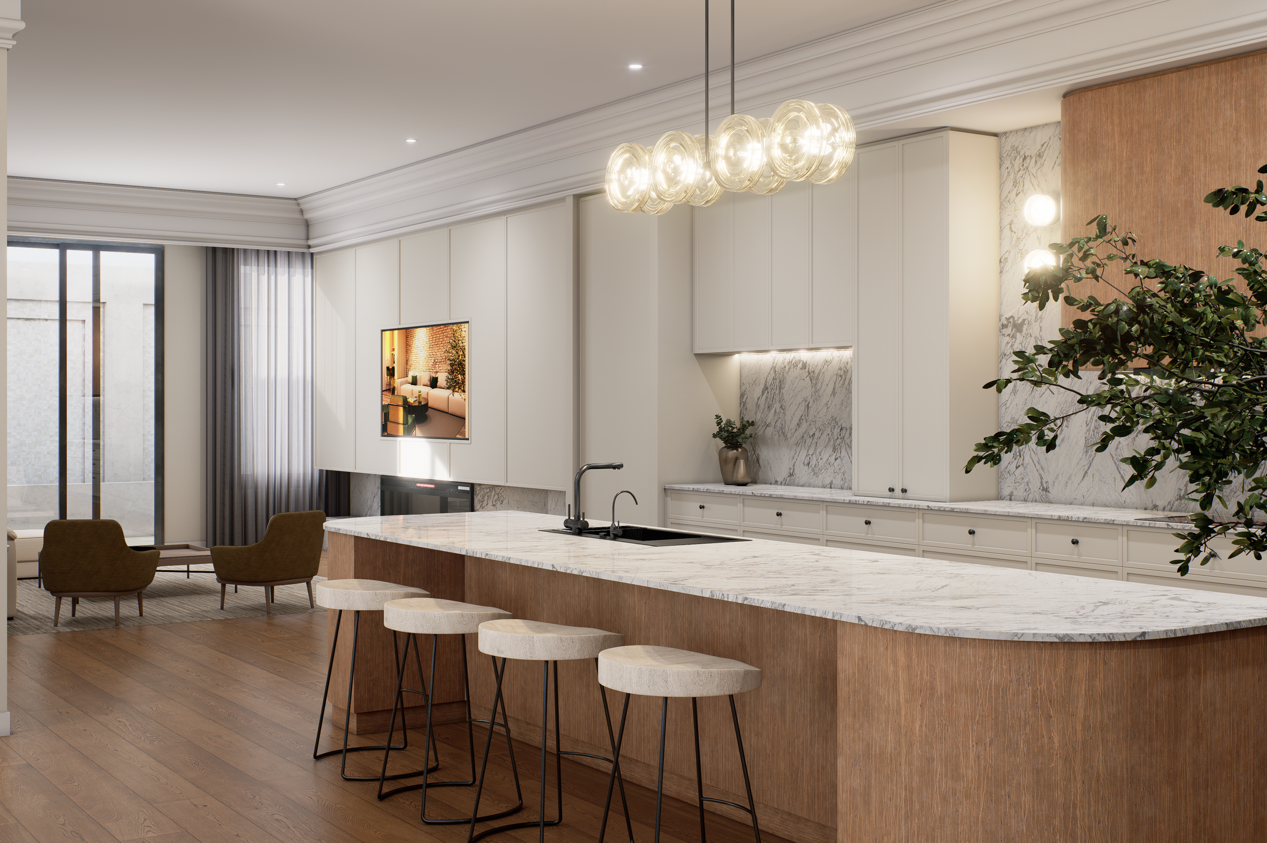 Modern kitchen with marble countertops, white cabinets, and a wooden island with four stools. Open living area with chairs, a large window with curtains, and a wall-mounted television.