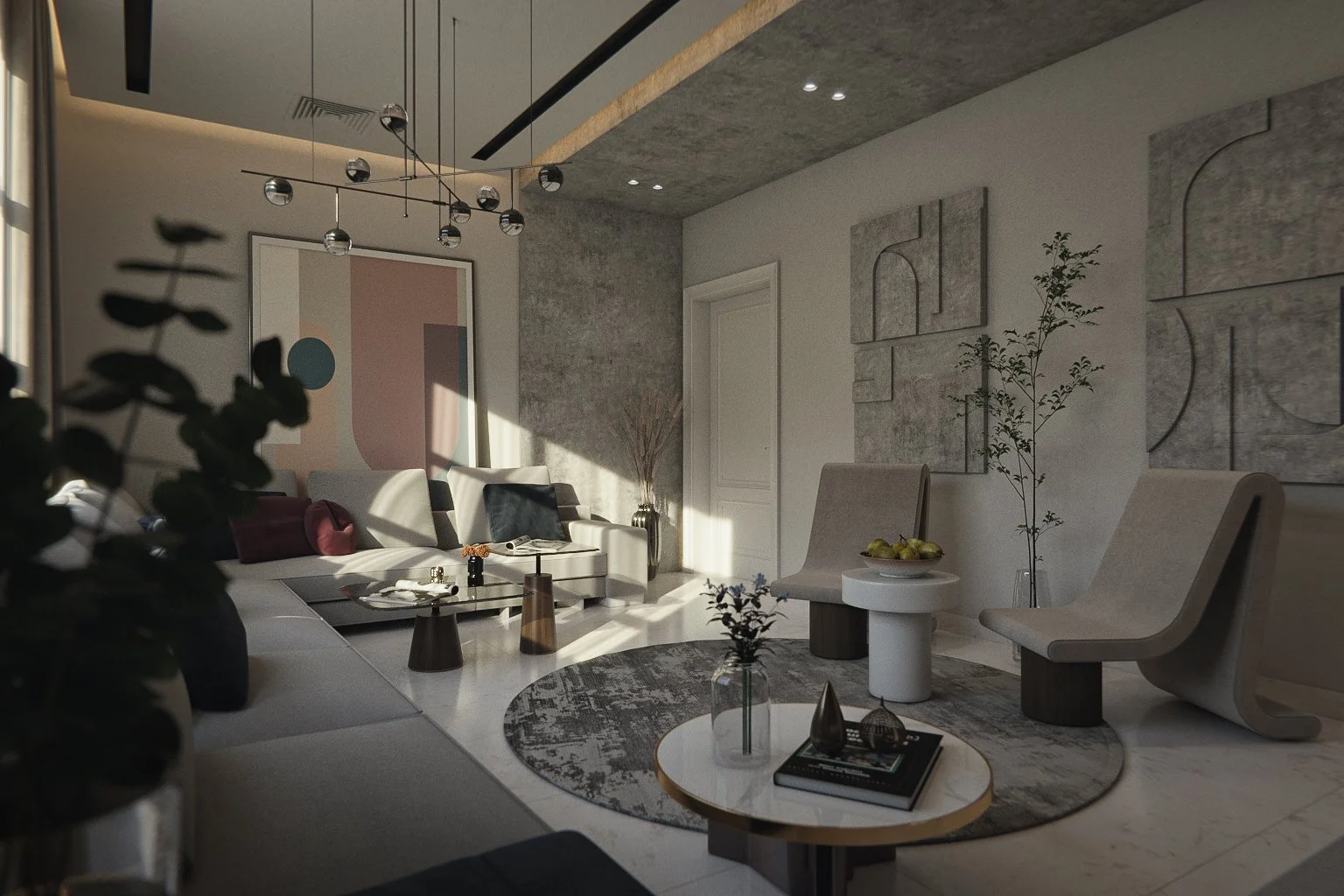 Daytime 3D interior render highlighting sculptural lounge chairs and bas-relief concrete art panels in an Adelaide residential living room — architectural visualisation by Sinan Designs