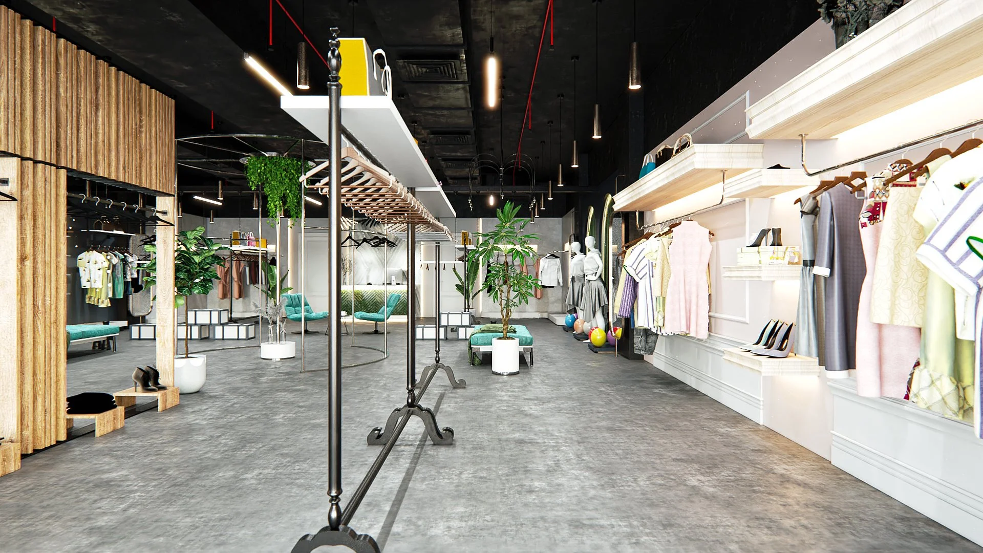 Retail visualisation showing shelving, garments and accessories within a boutique merchandising wall